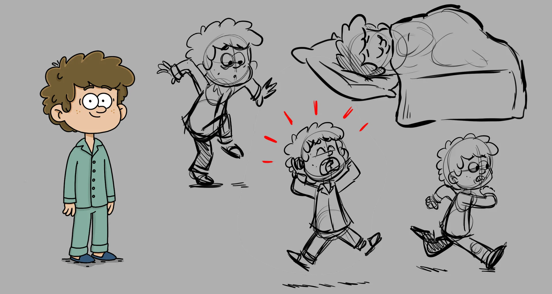 Jimmy character design with colour artwork and expression sketches.