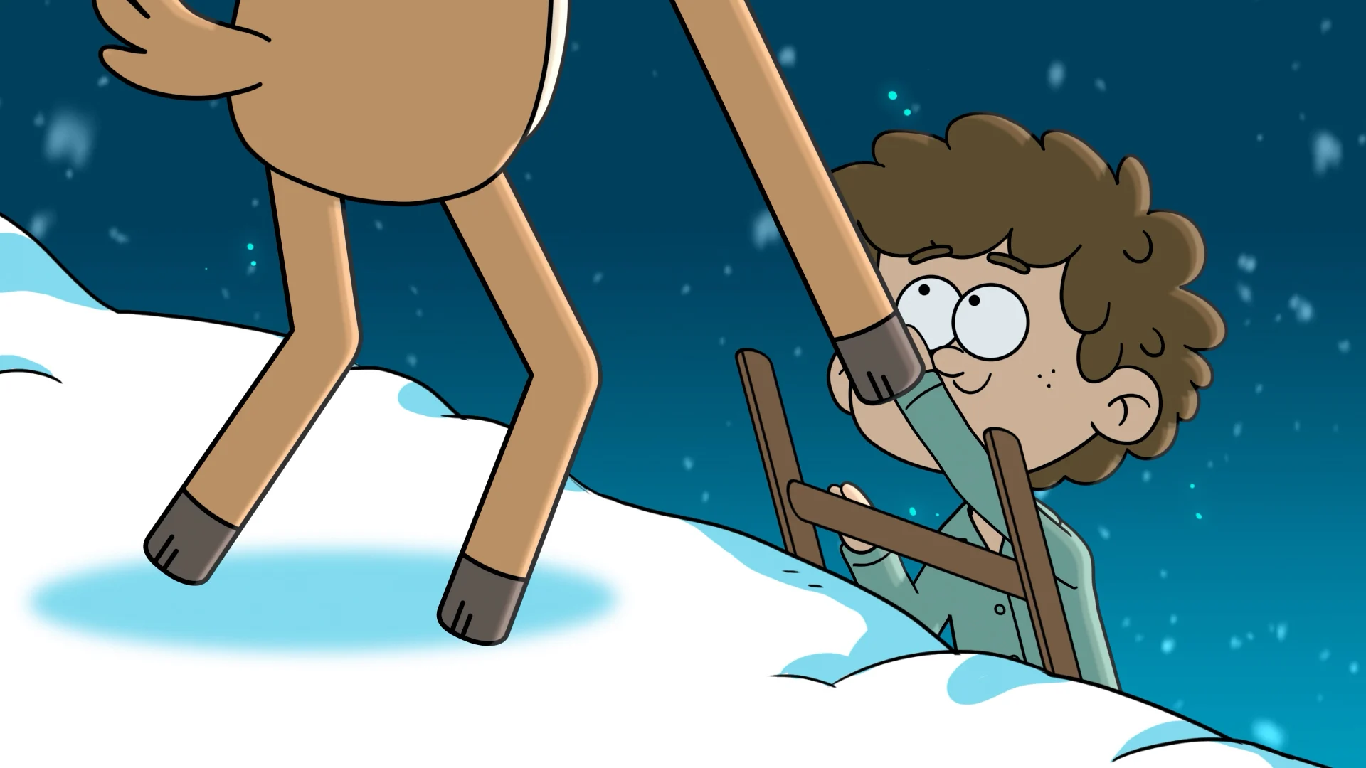 Jimmy climbing a ladder beside a reindeer on the roof.
