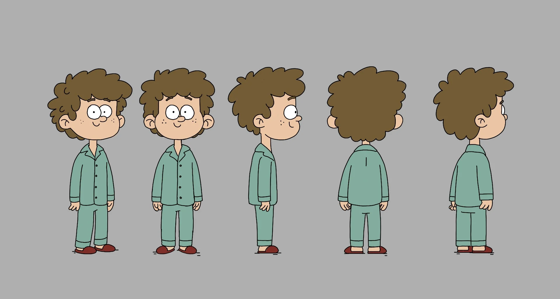 Jimmy in green pyjamas shown from multiple angles.