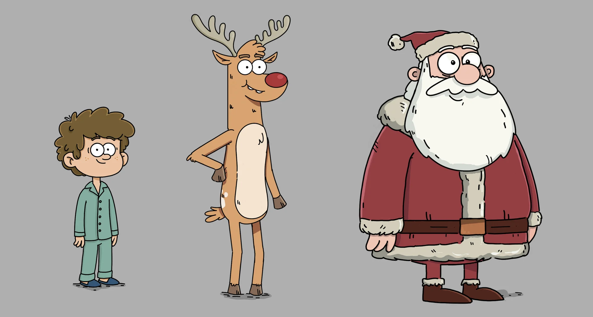 Colour character lineup of Jimmy, Rudolph and Santa.