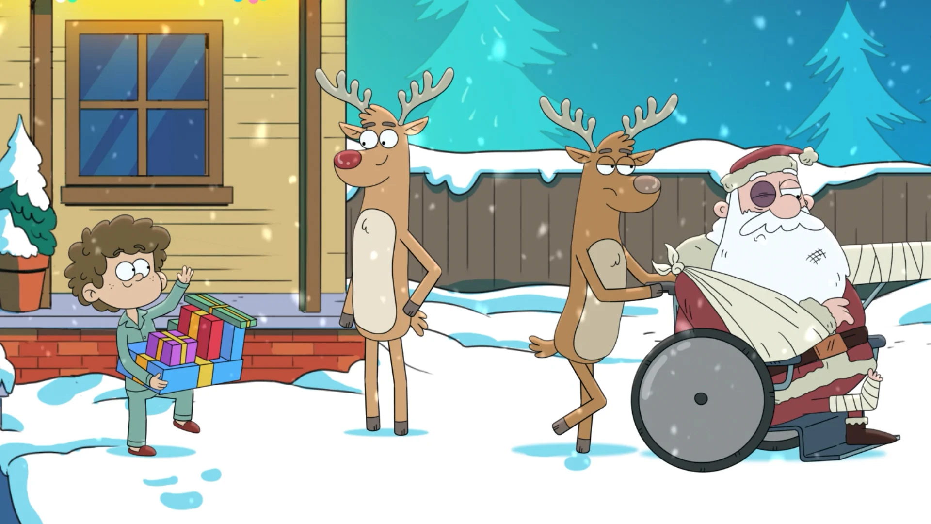 Jimmy waving with his presents as the reindeer wheel a bandaged Santa away.