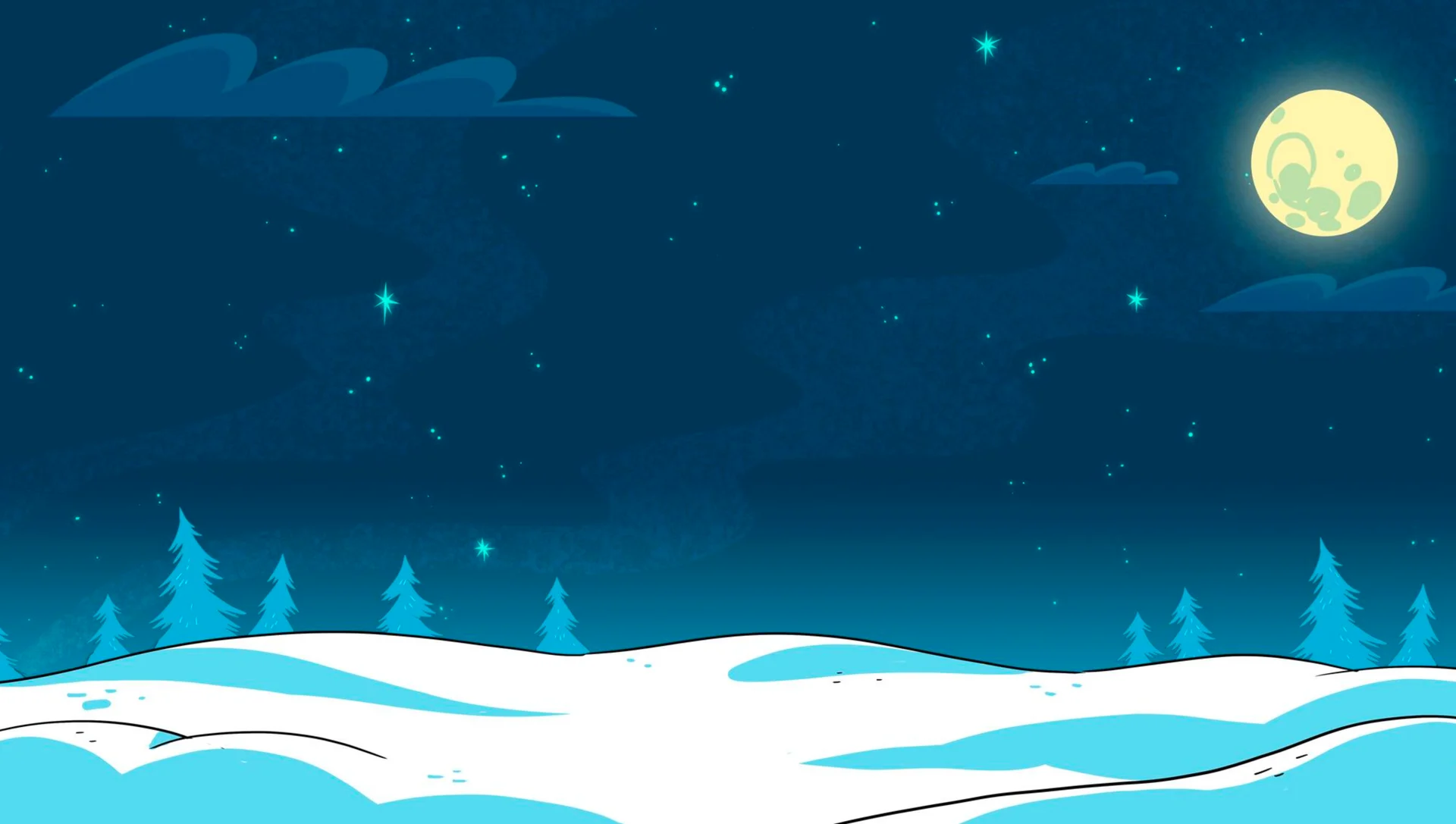 Moonlit blue sky above snowy hills and fir trees.