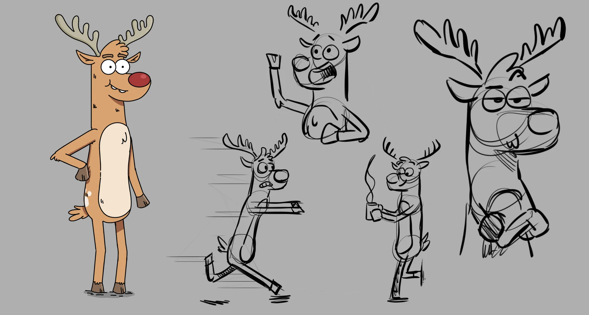 Rudolph character design with colour artwork and expressive pose sketches.