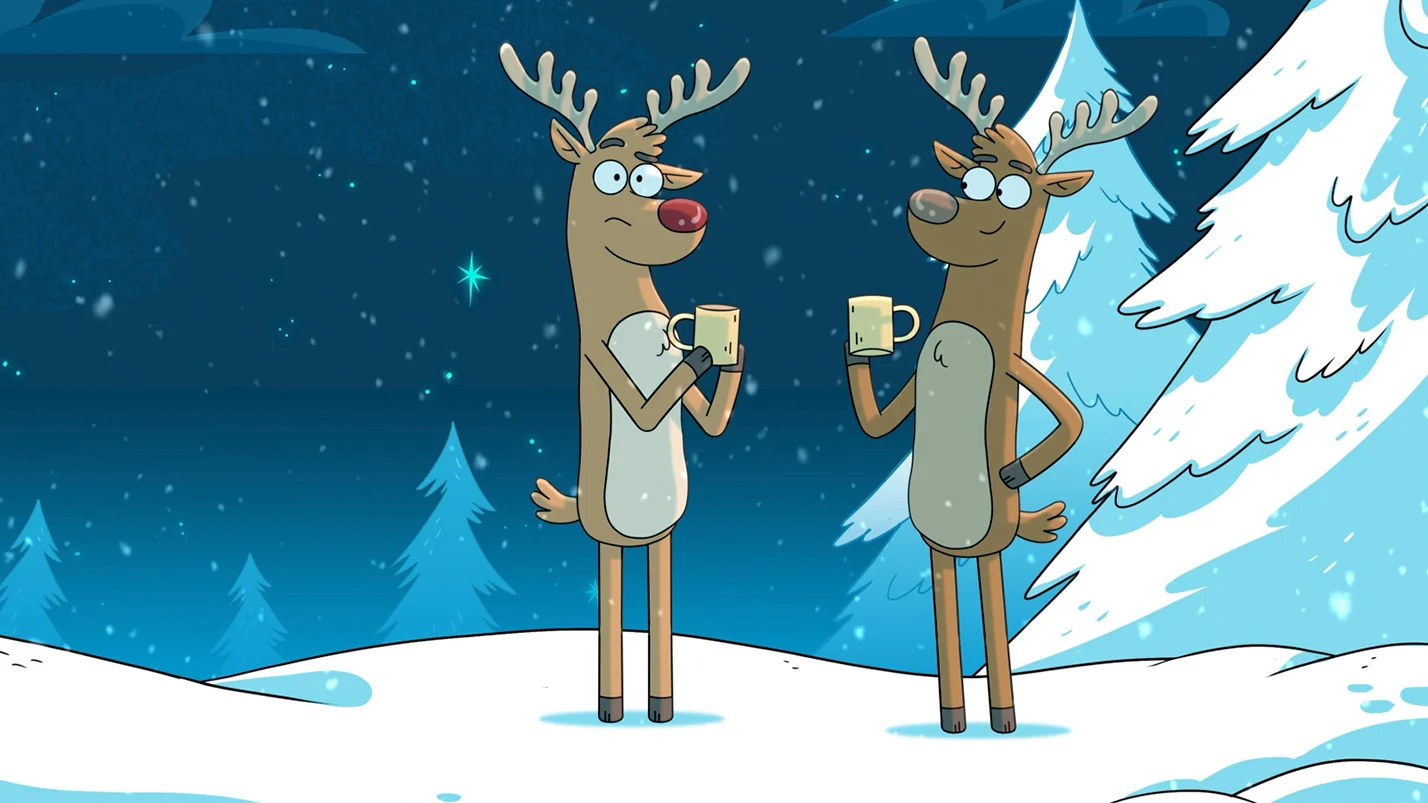 Two reindeer holding mugs in a snowy Christmas landscape.