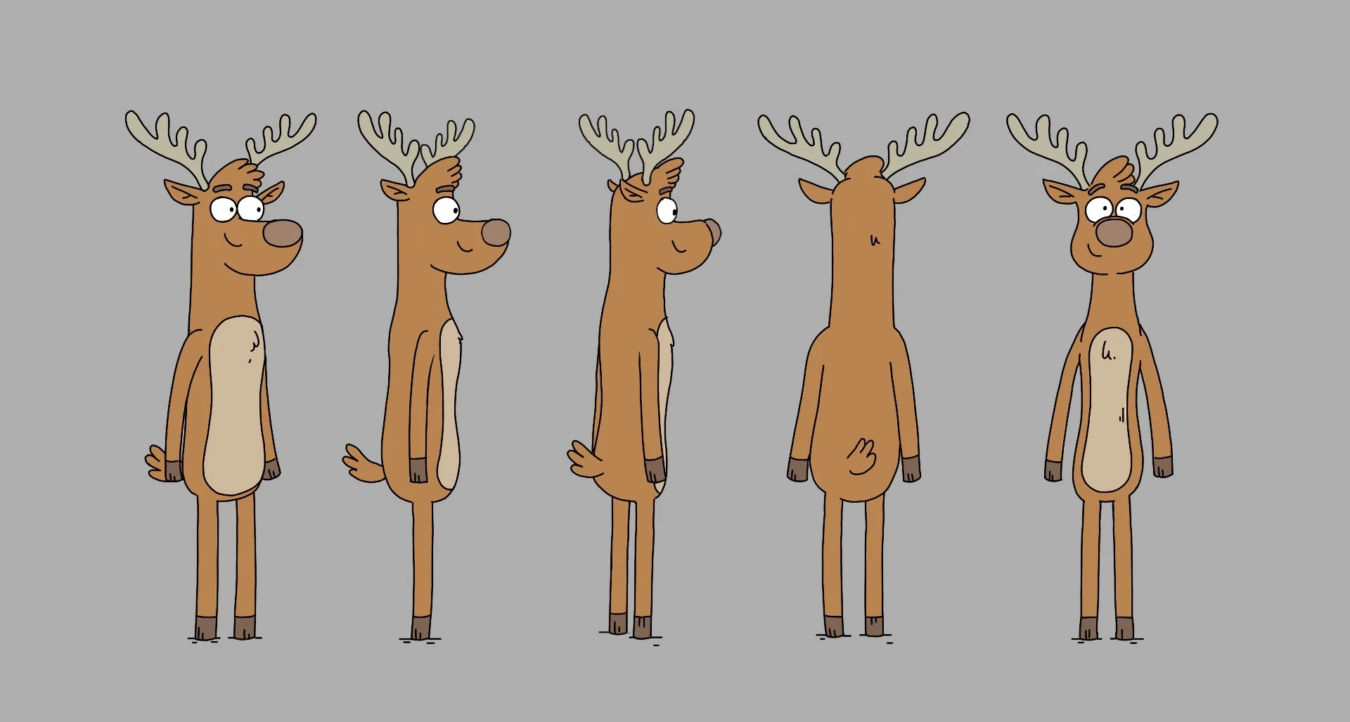 Coloured reindeer turnaround showing the character from multiple angles.