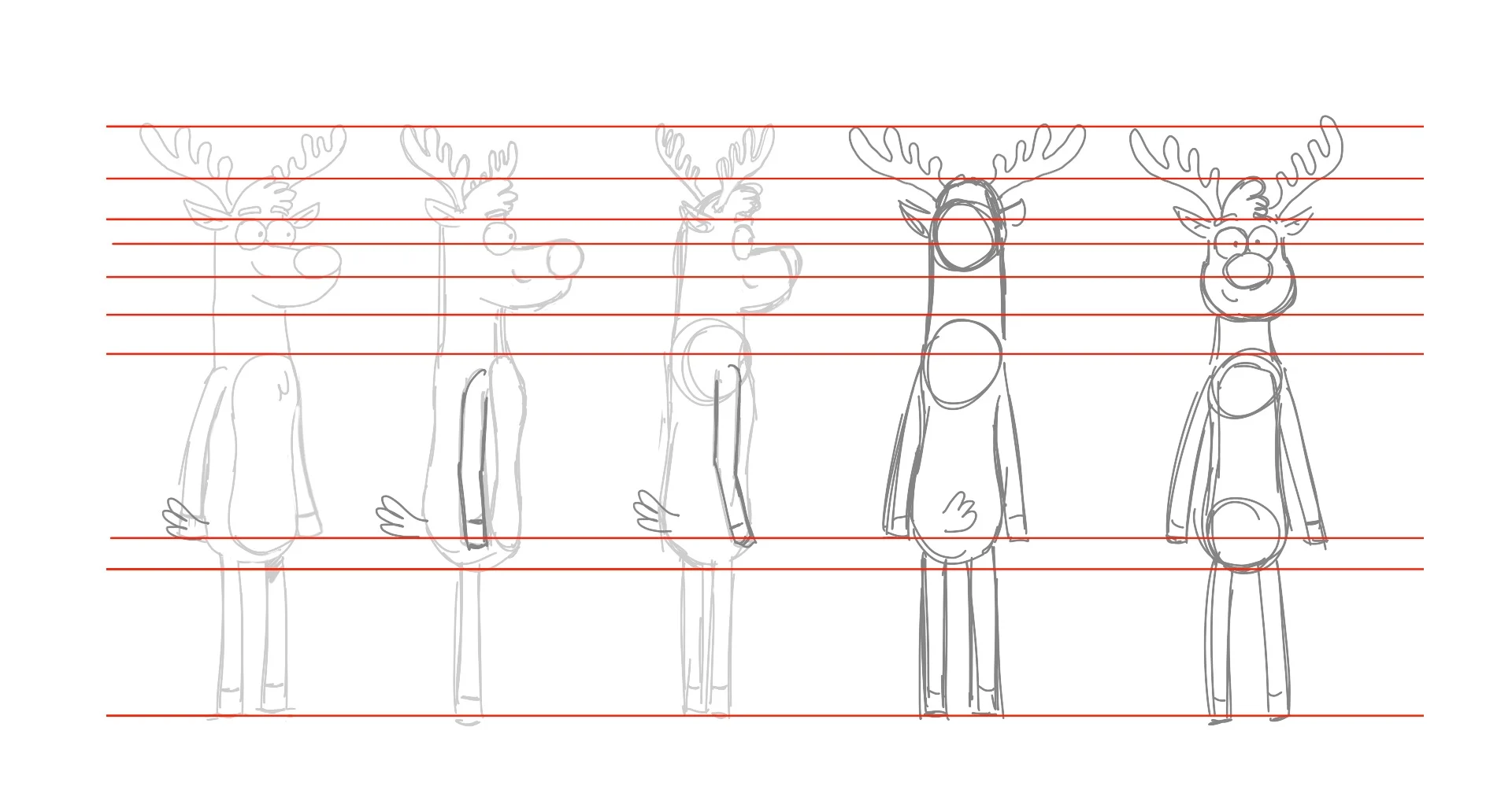 Rough reindeer turnaround with red alignment guides.