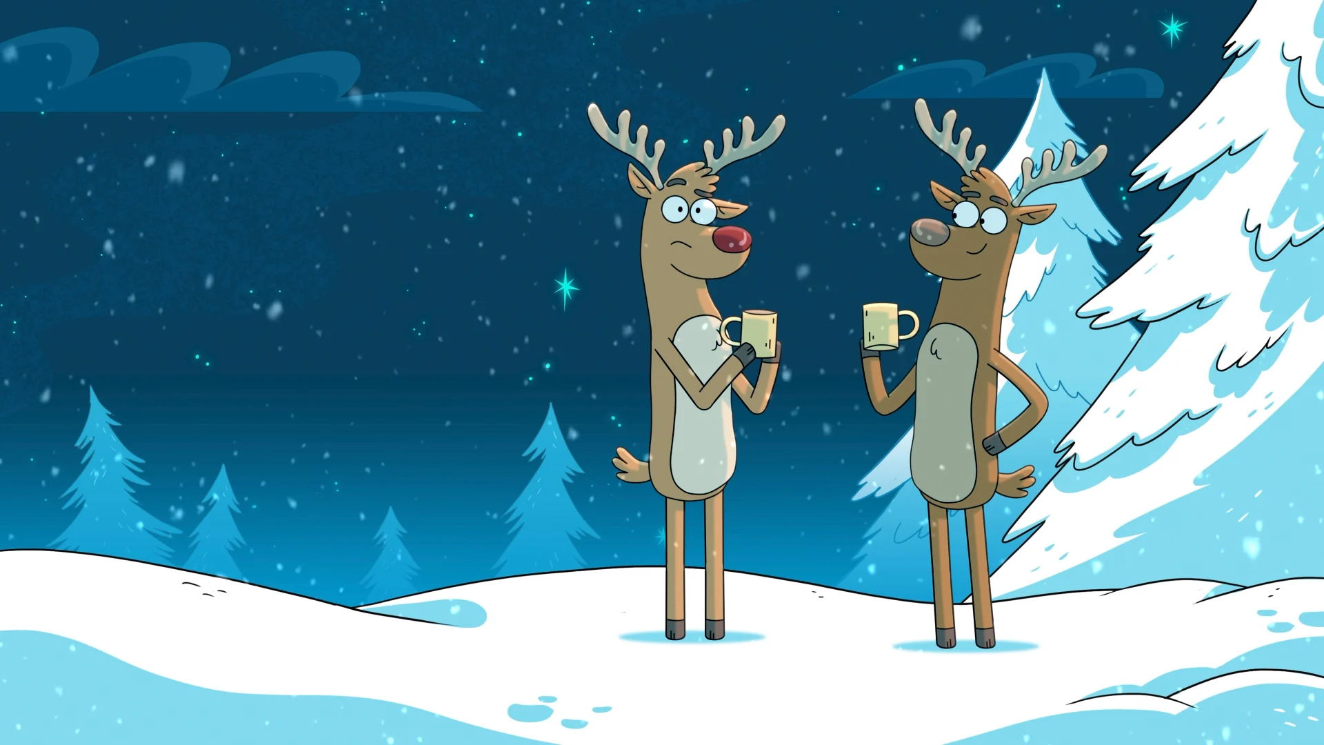 Two reindeer holding mugs in the snow.