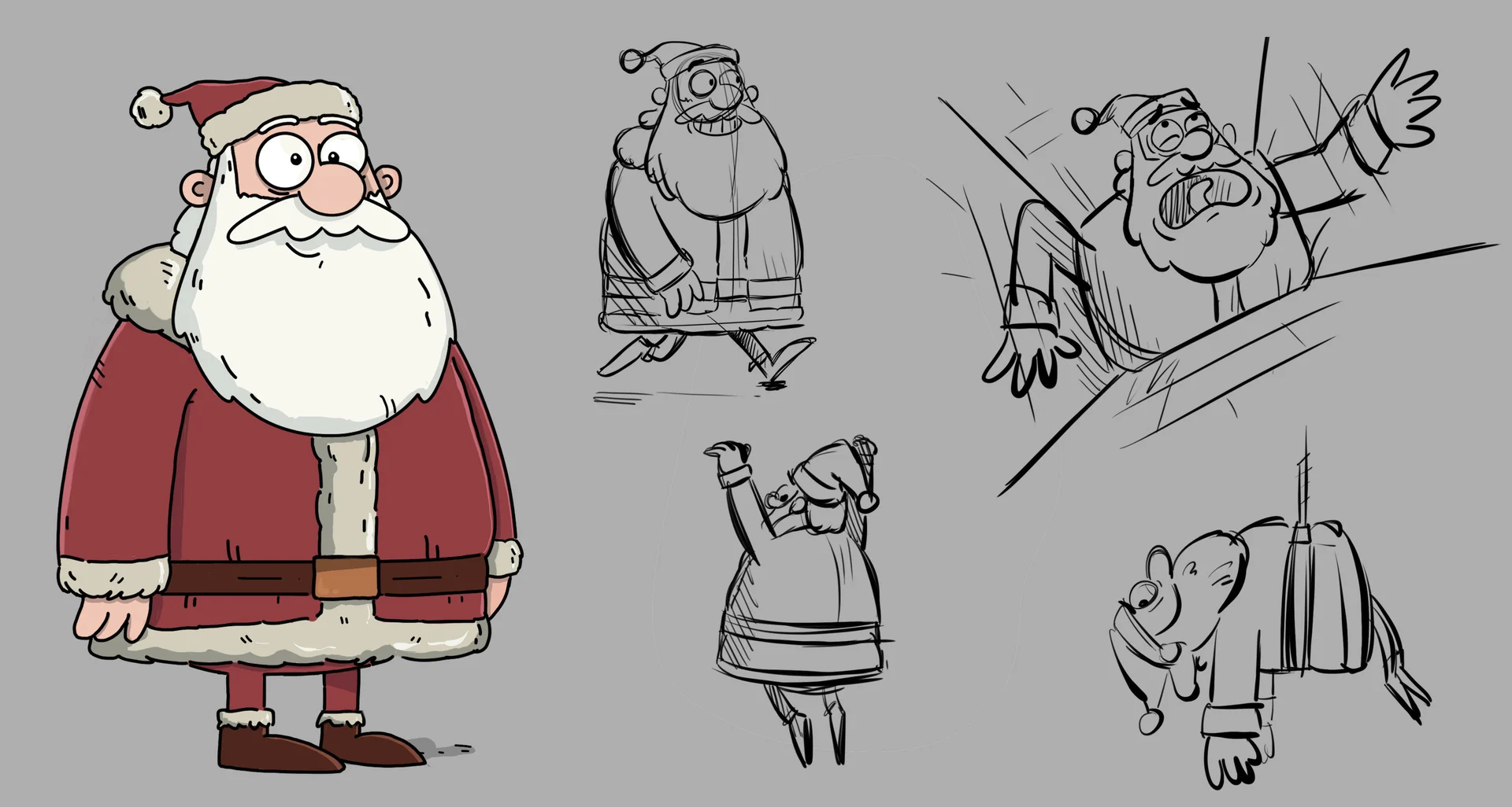 Santa character design with colour artwork and expression sketches.
