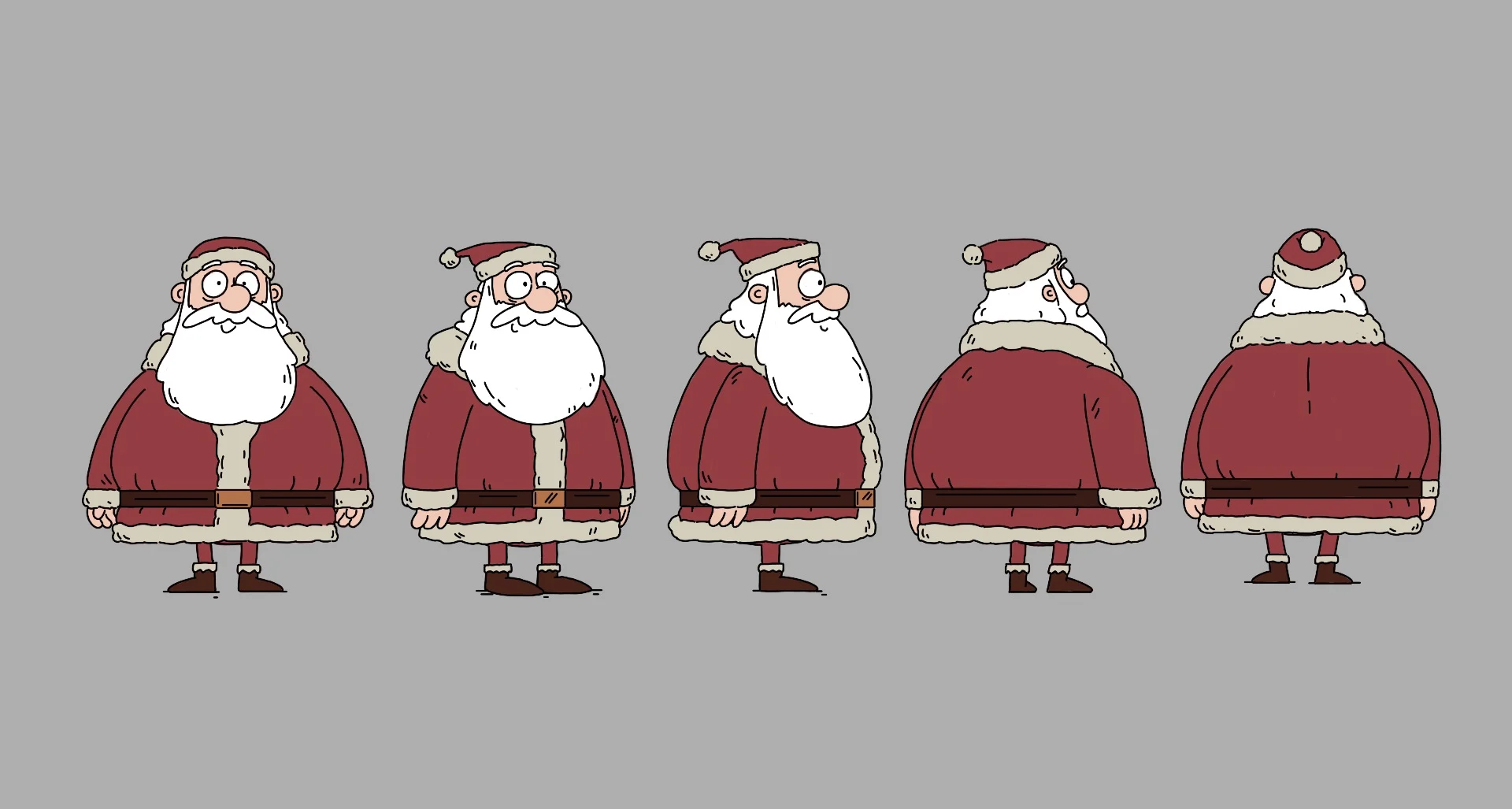 Santa in his red suit shown from front, side and back views.