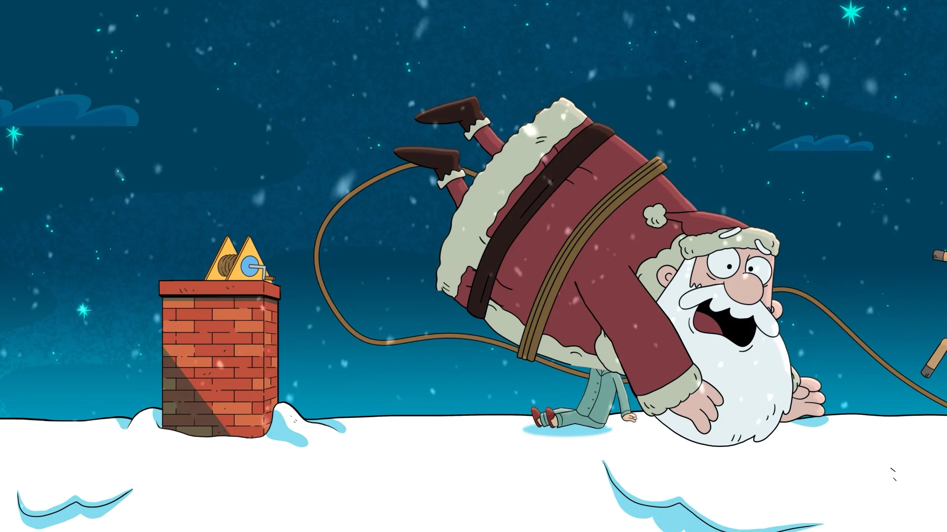 Santa flying out of the chimney on the rescue rope.