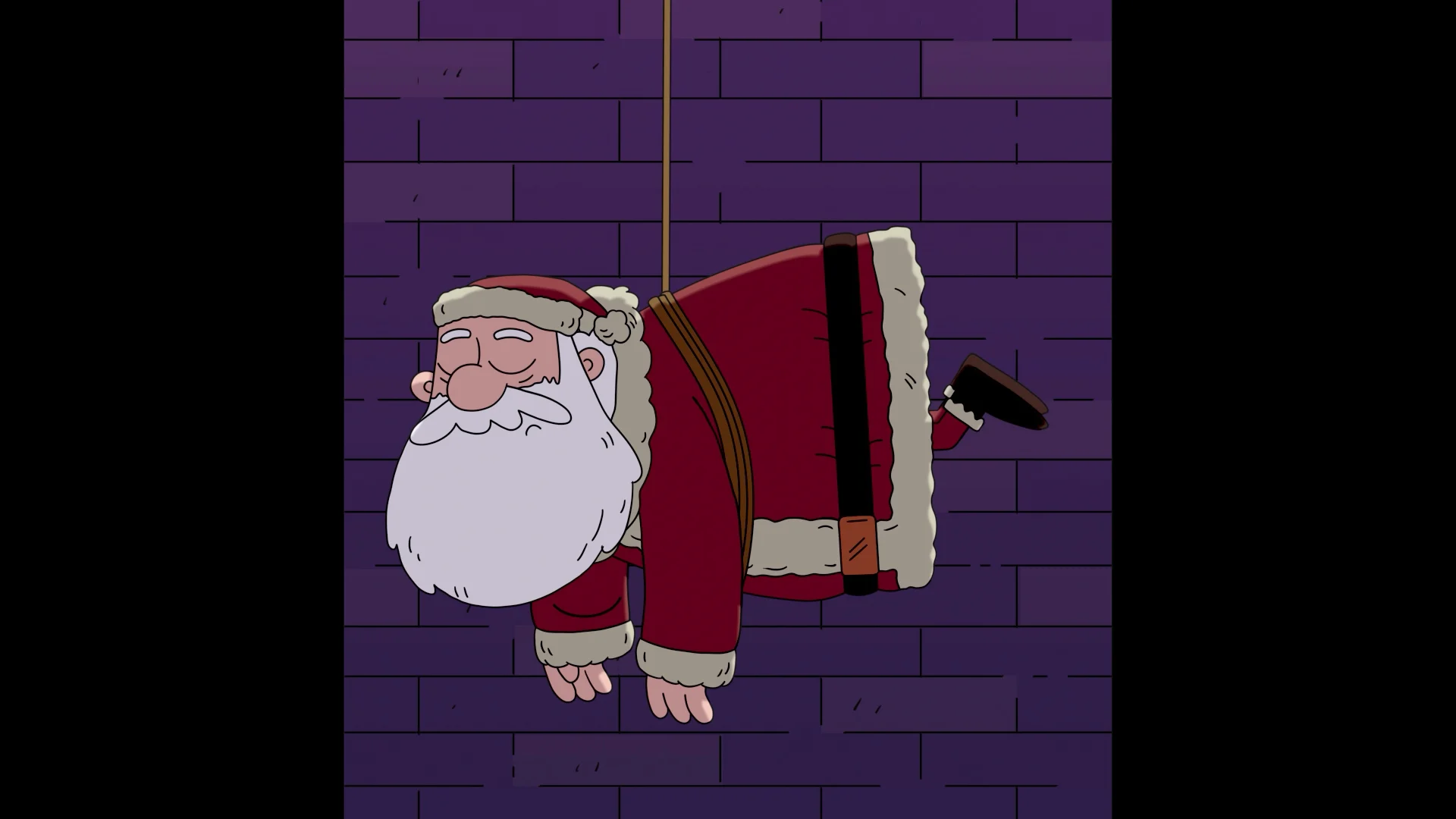 Santa hanging sideways from a rope inside the chimney.
