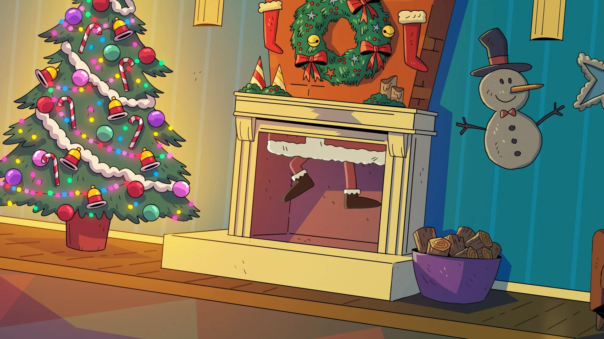 Santa’s legs dangling into a fireplace beside a decorated Christmas tree.