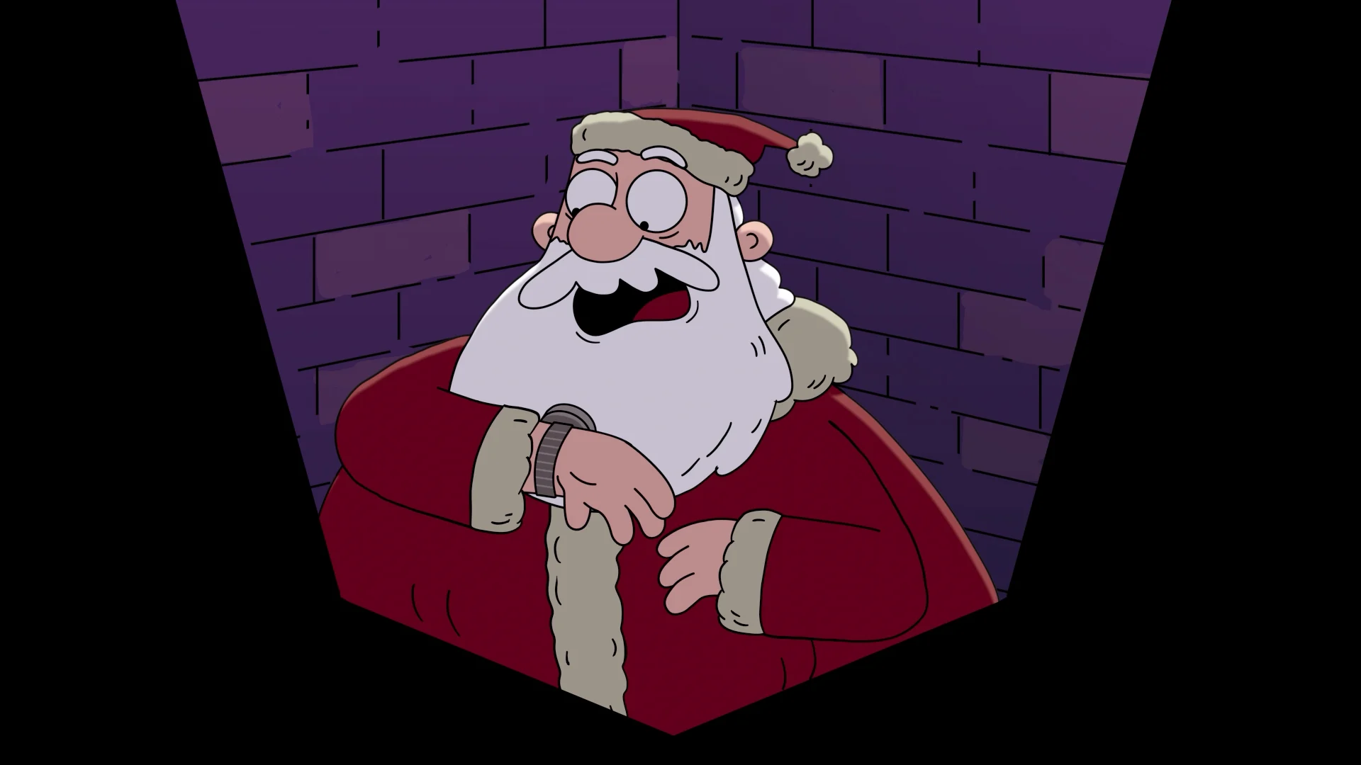 Santa wedged inside the chimney with a worried expression.