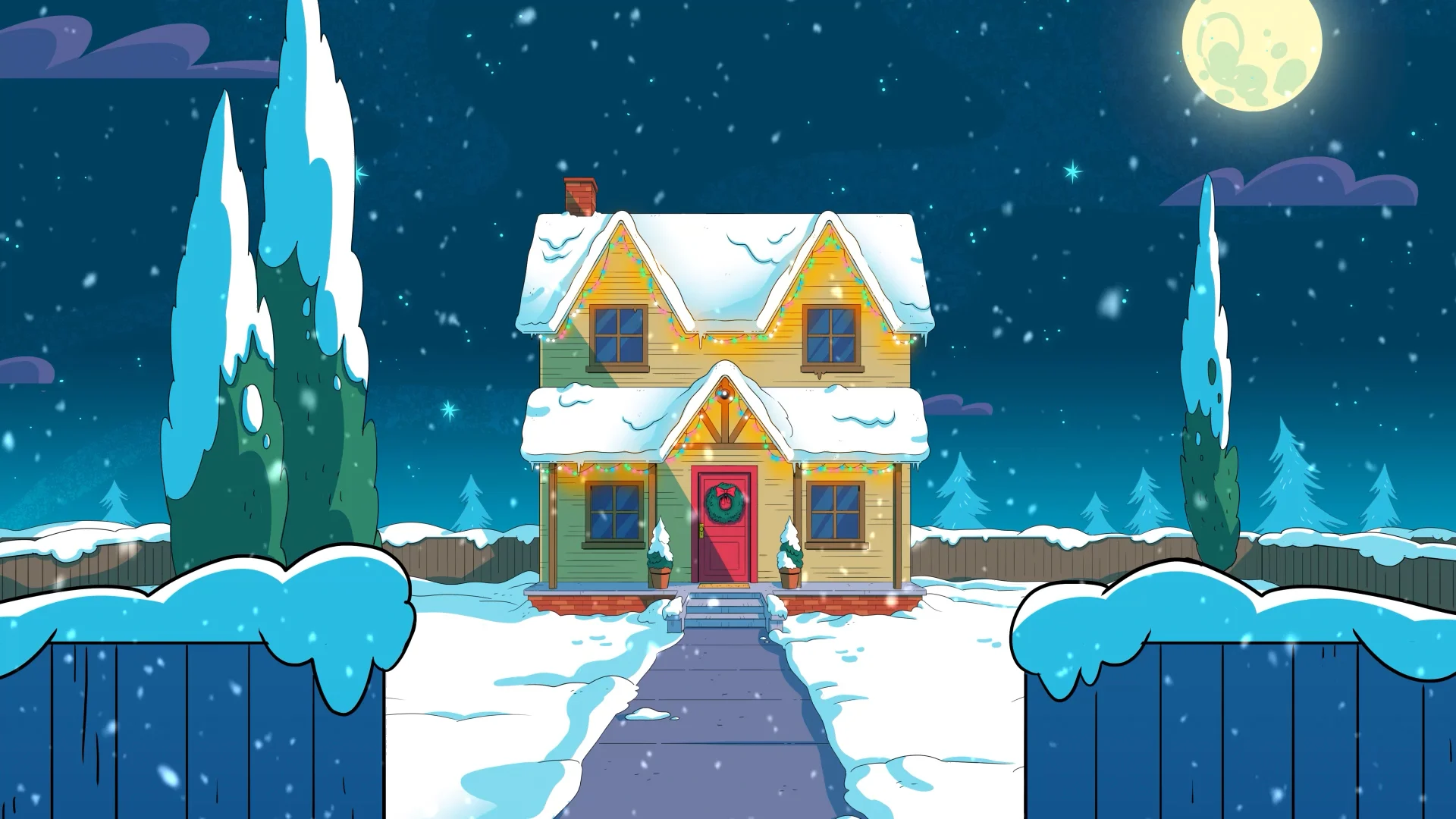 A snowy house decorated with Christmas lights beneath the moon.