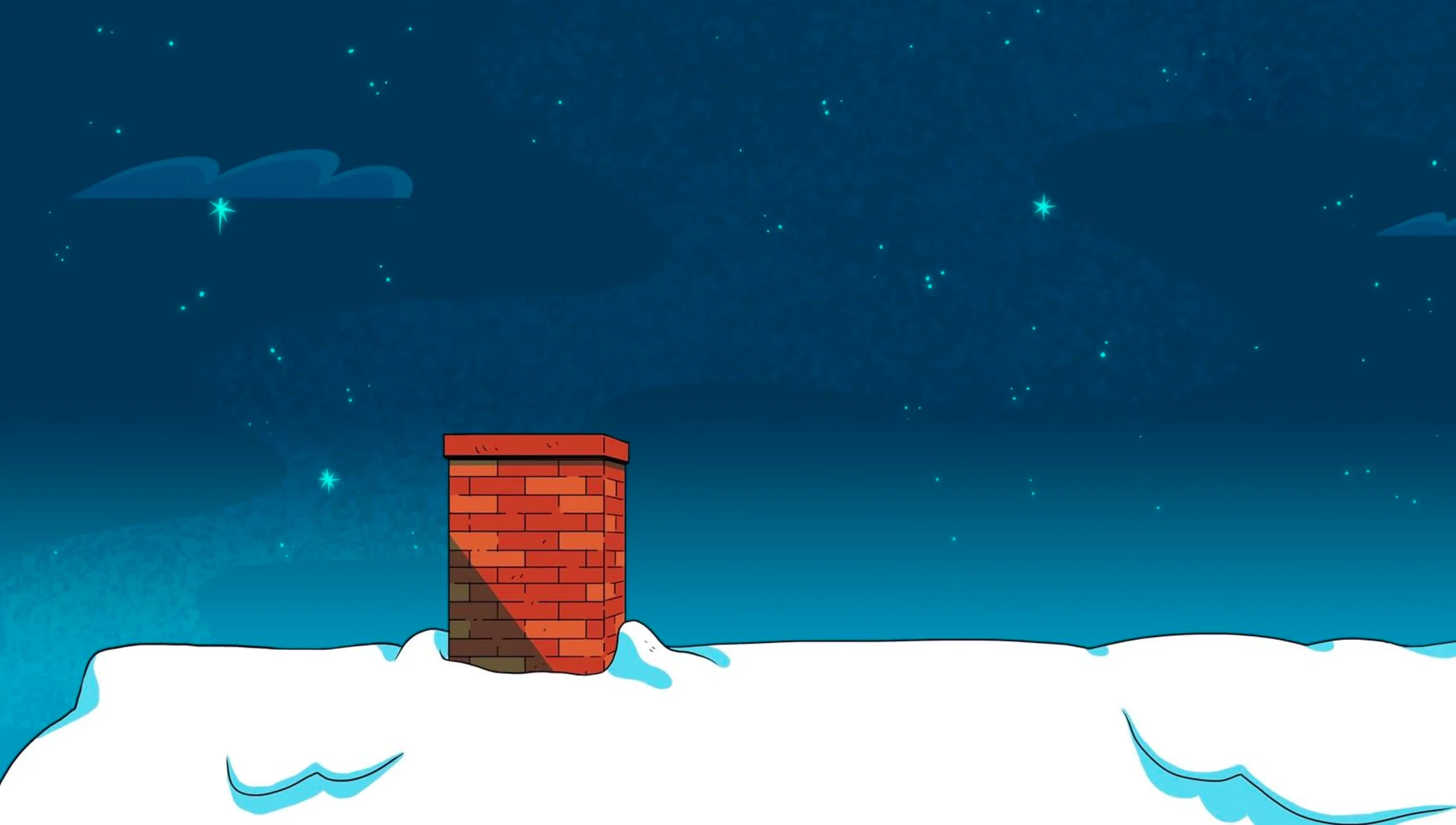 Red brick chimney on a snowy roof beneath a starry blue sky.