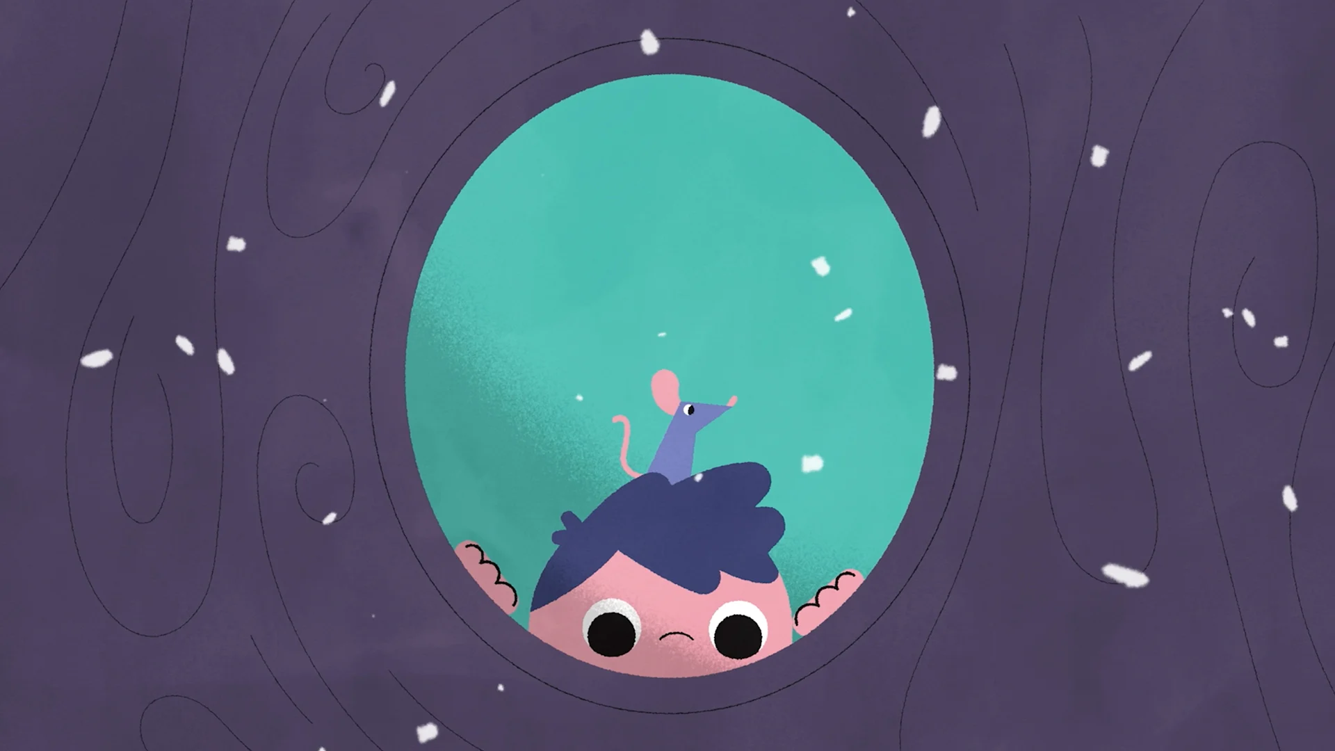 The boy and mouse peering through a hollow in a tree.