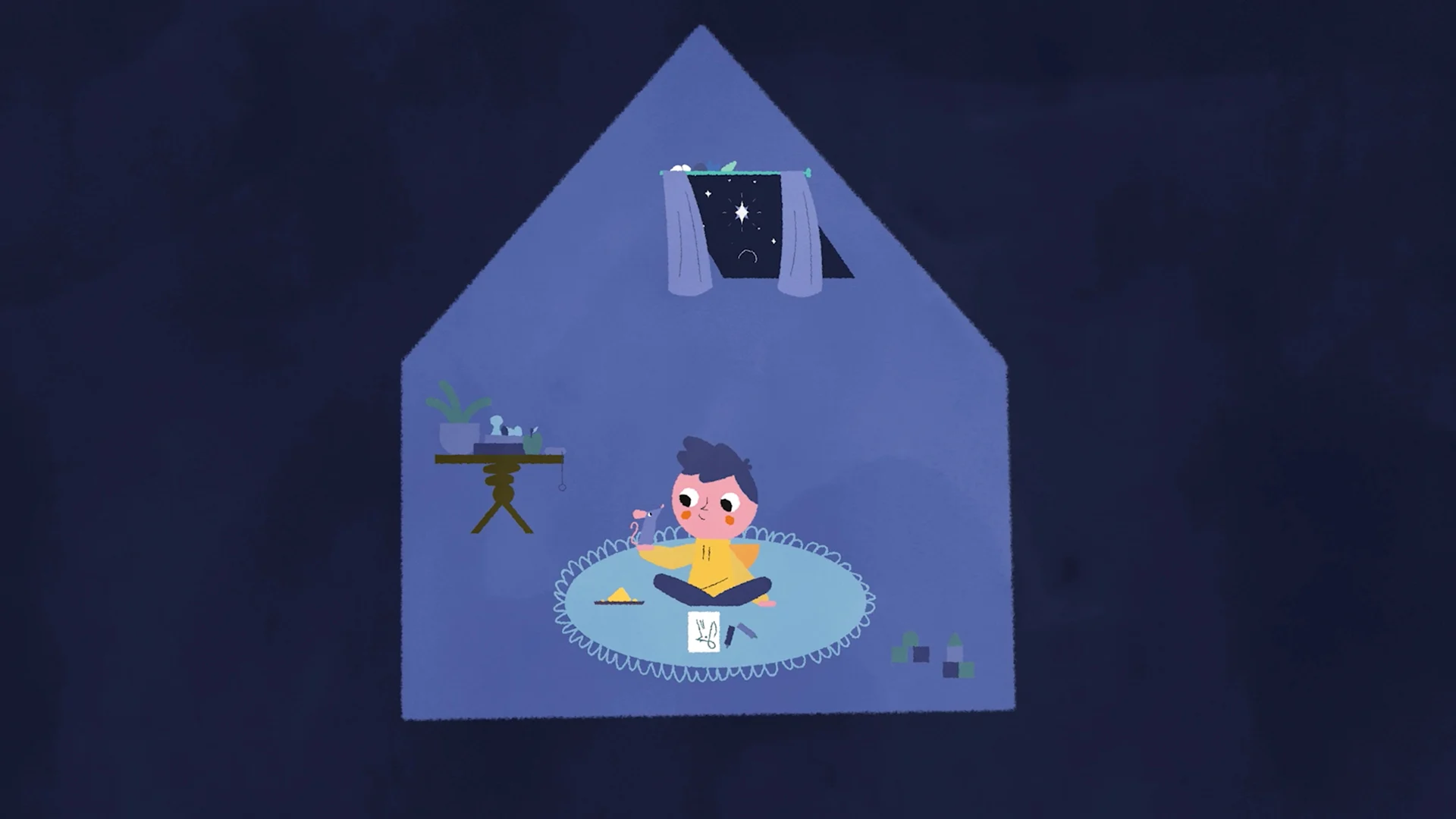 A boy in a yellow jumper sitting with a mouse in his blue bedroom.