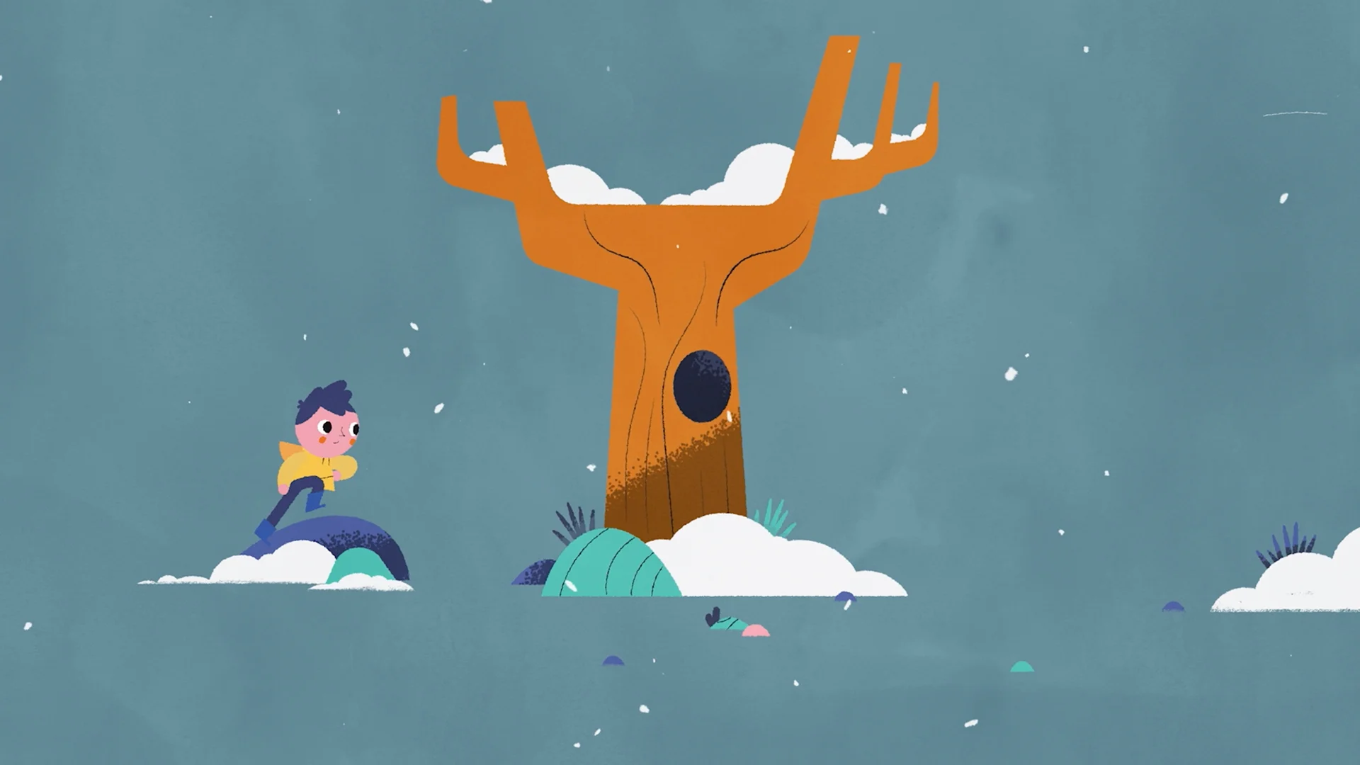 The boy running past an orange tree in the snow.
