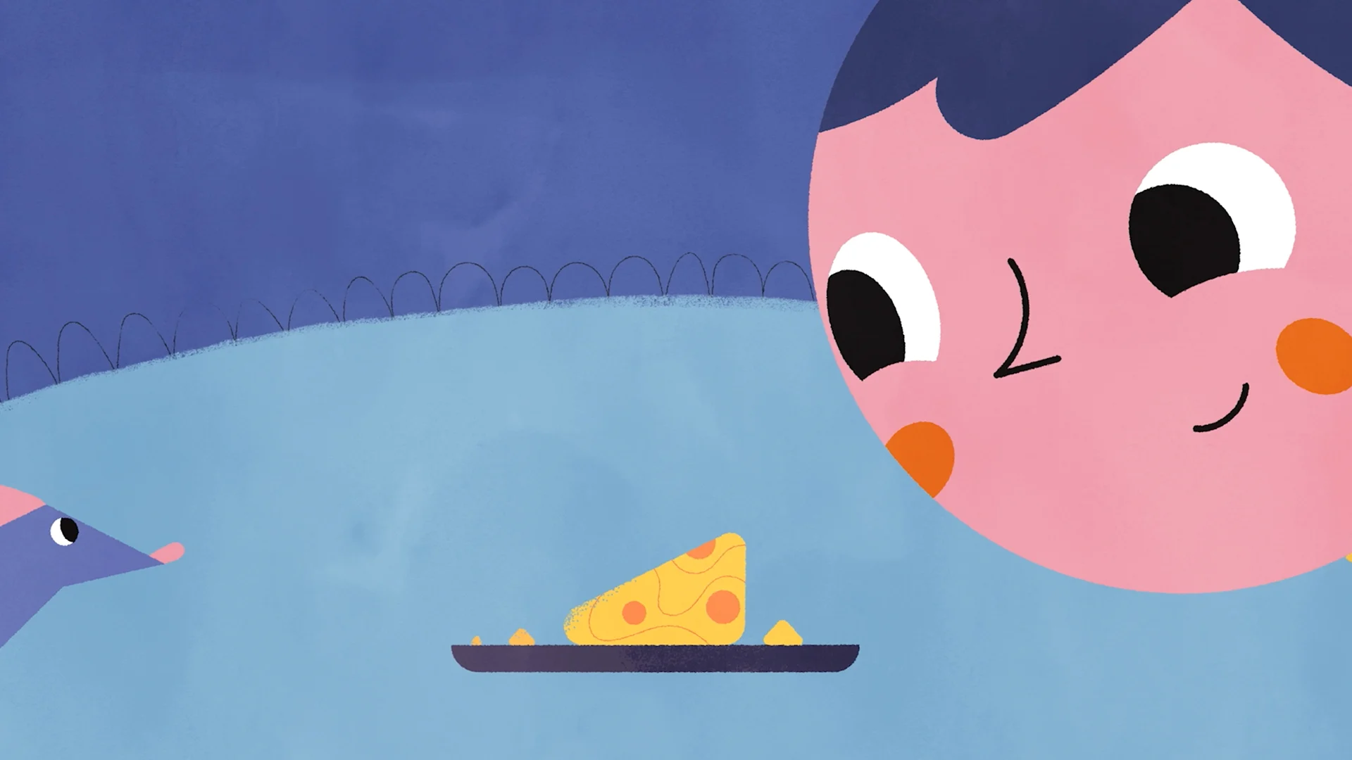 The boy smiling at a mouse beside a plate of cheese.