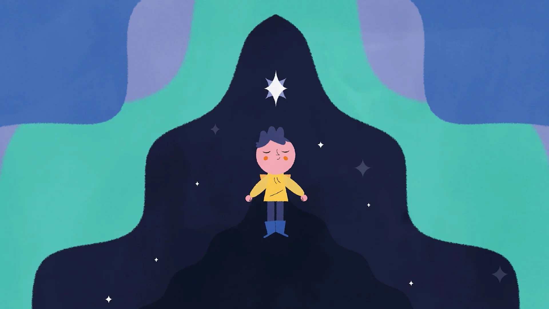 The boy floating beneath a star, surrounded by blue and turquoise shapes.