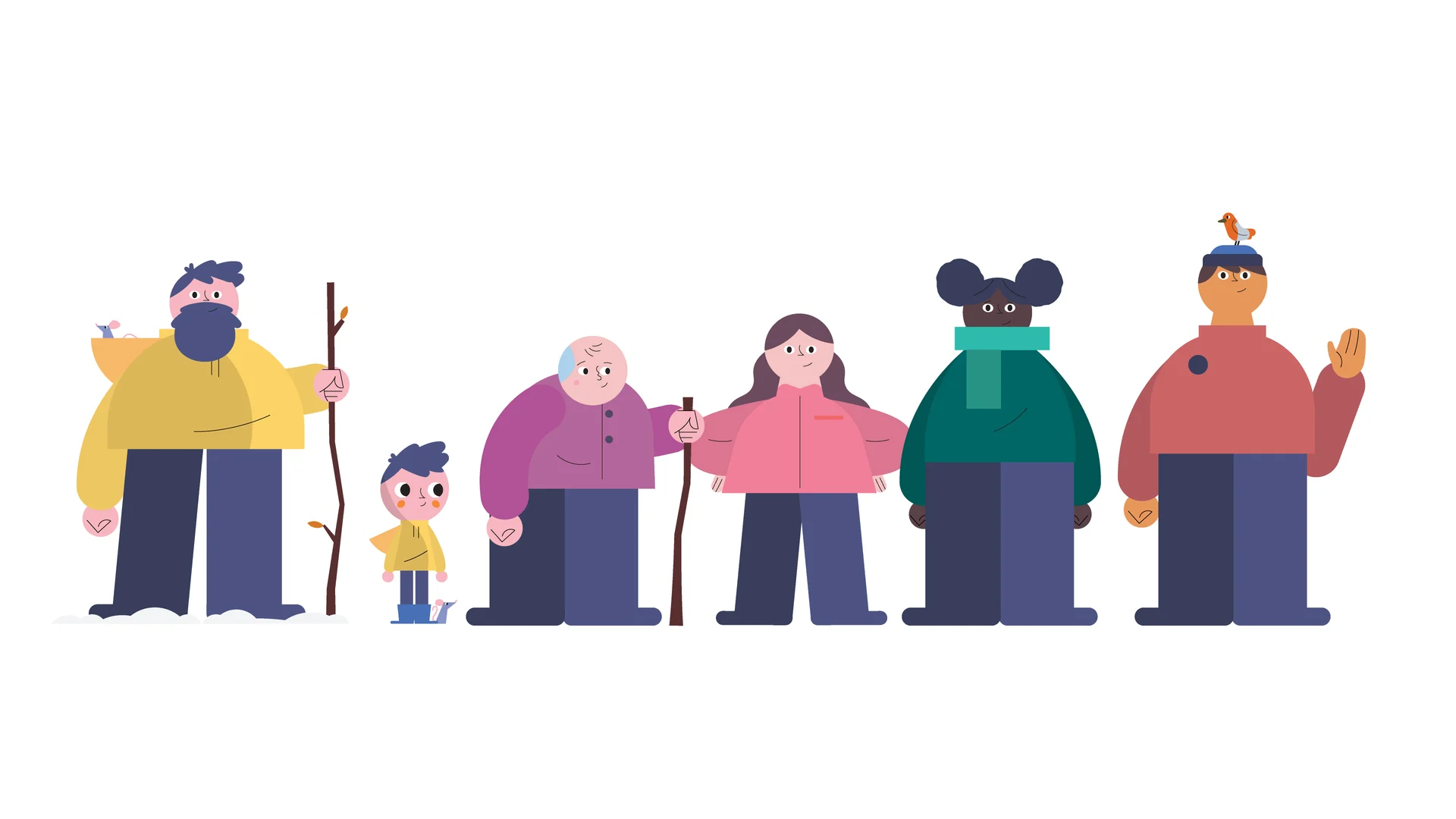 Character design lineup showing the boy, grown man and neighbours with a mouse and robin.