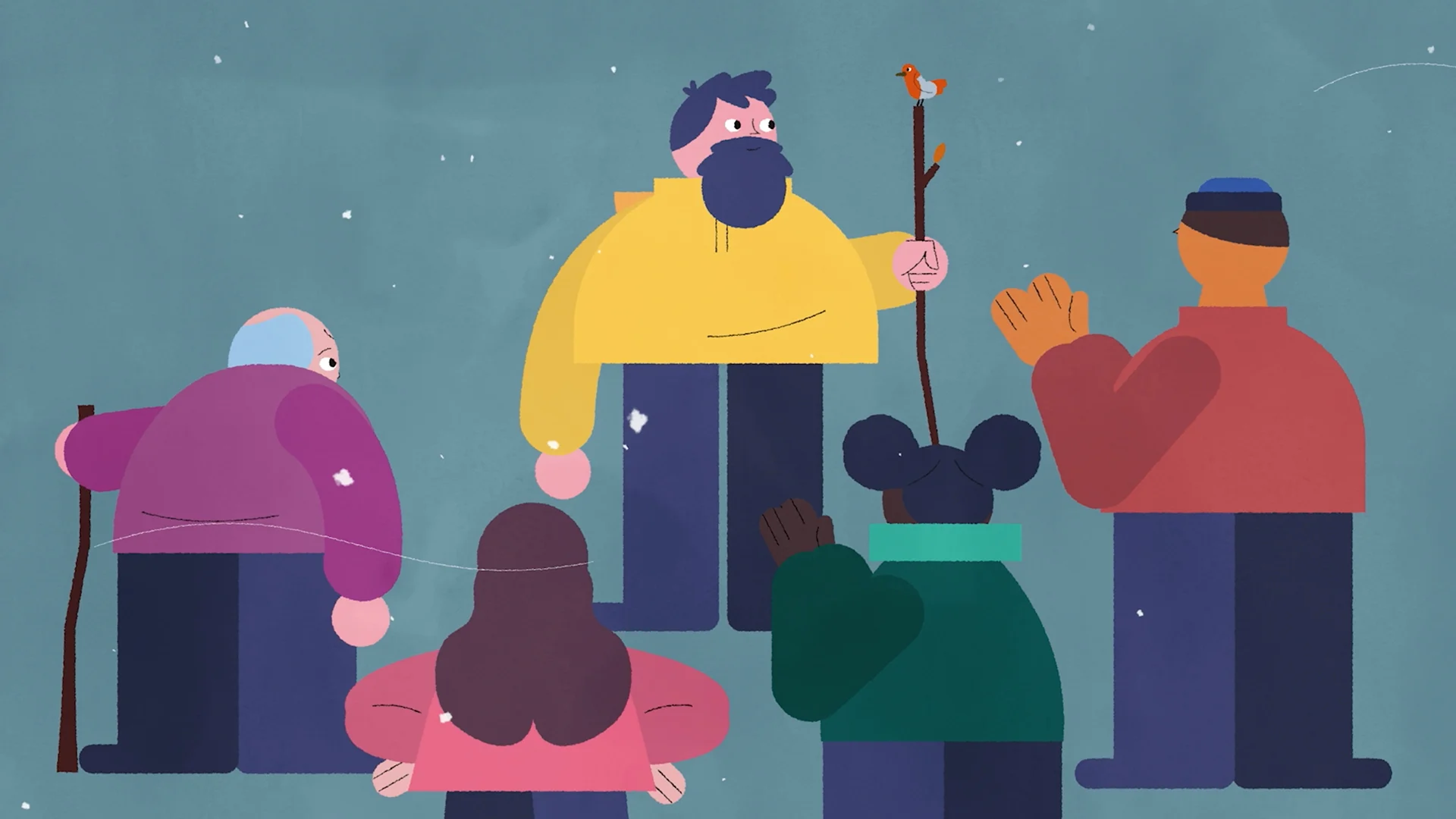 A group gathering around the man in the snowy landscape.