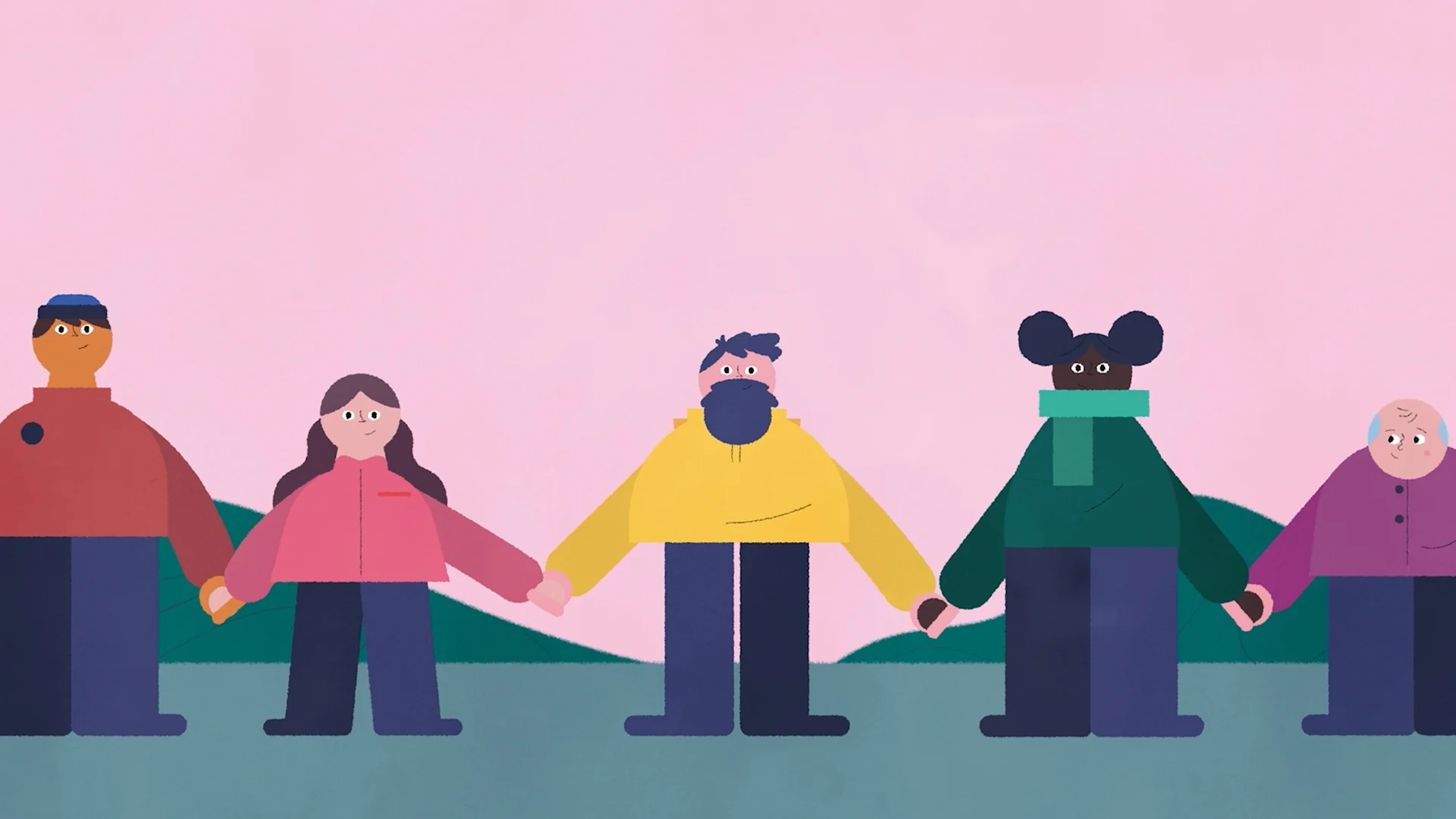 A group of neighbours holding hands in a snowy landscape.