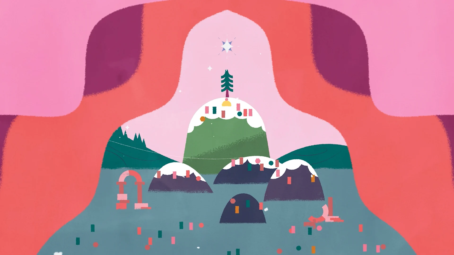 A snowy landscape framed by bold pink and orange shapes.