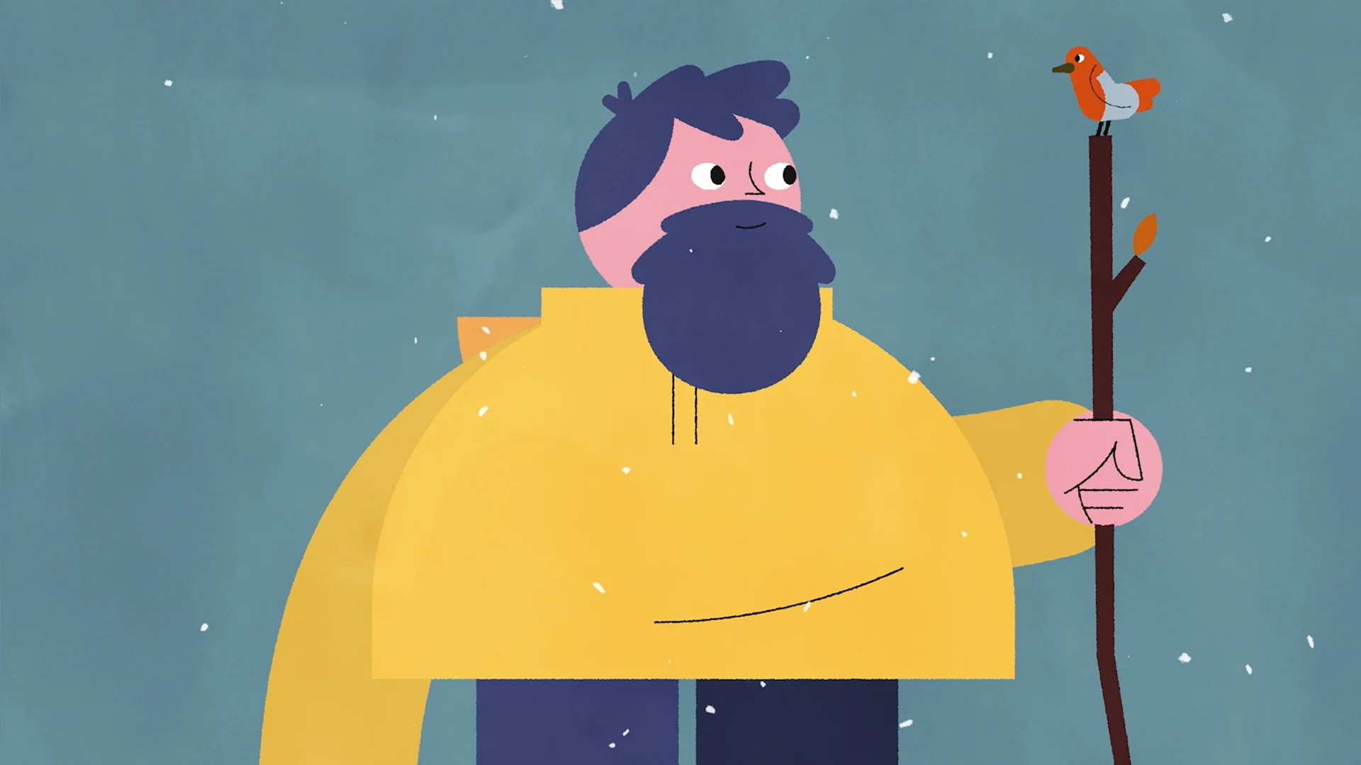 A bearded man looking at a robin perched on his walking stick.