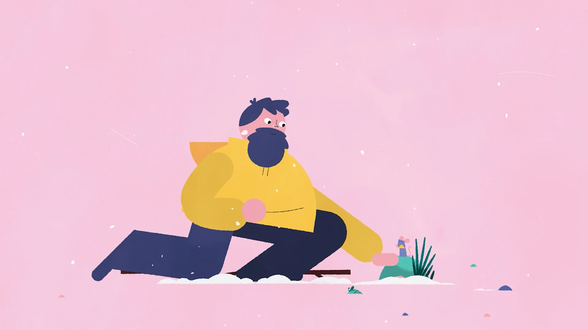 The man kneeling to share cheese with the mouse.