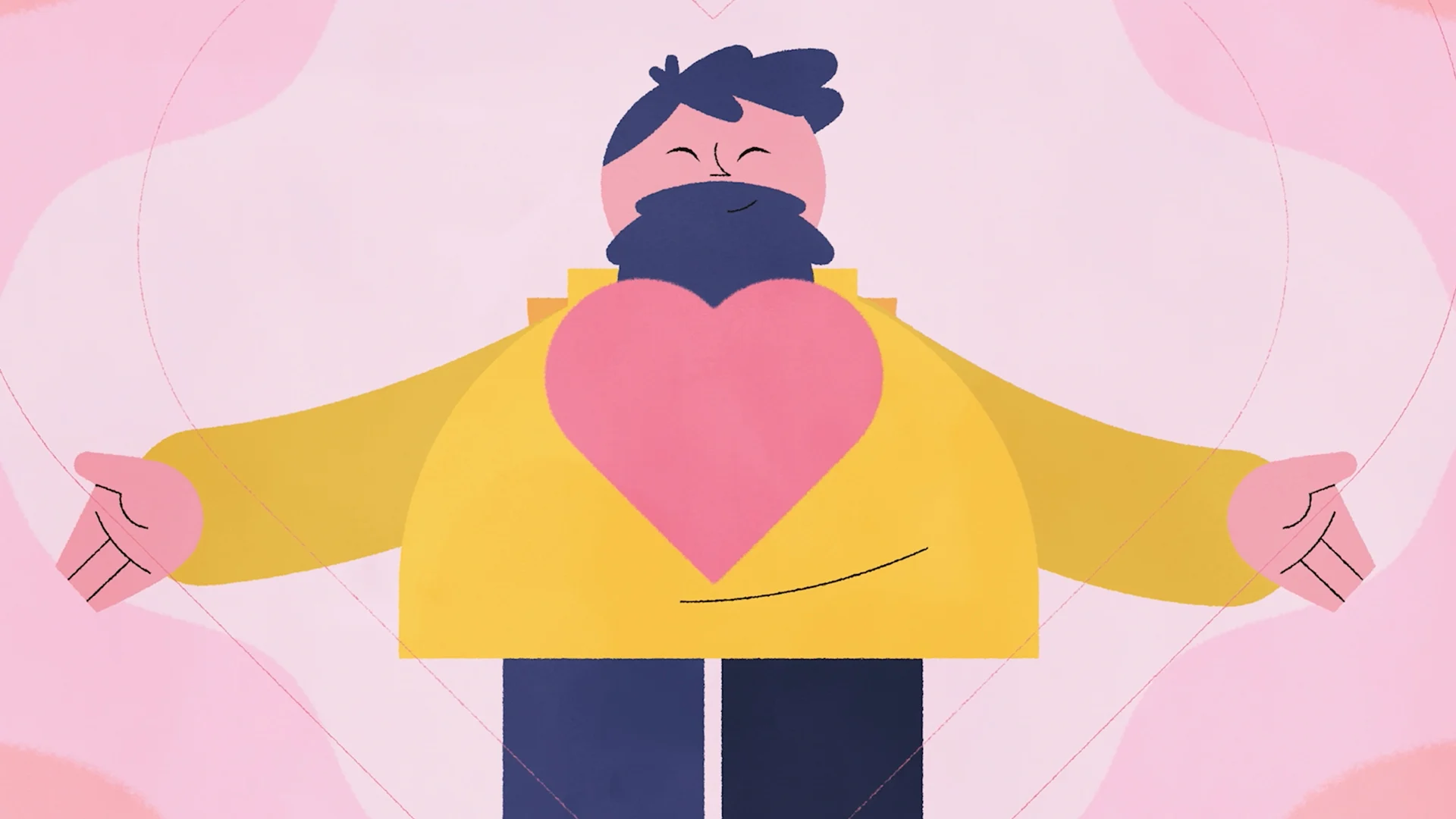 The man opening his arms with a large pink heart on his chest.
