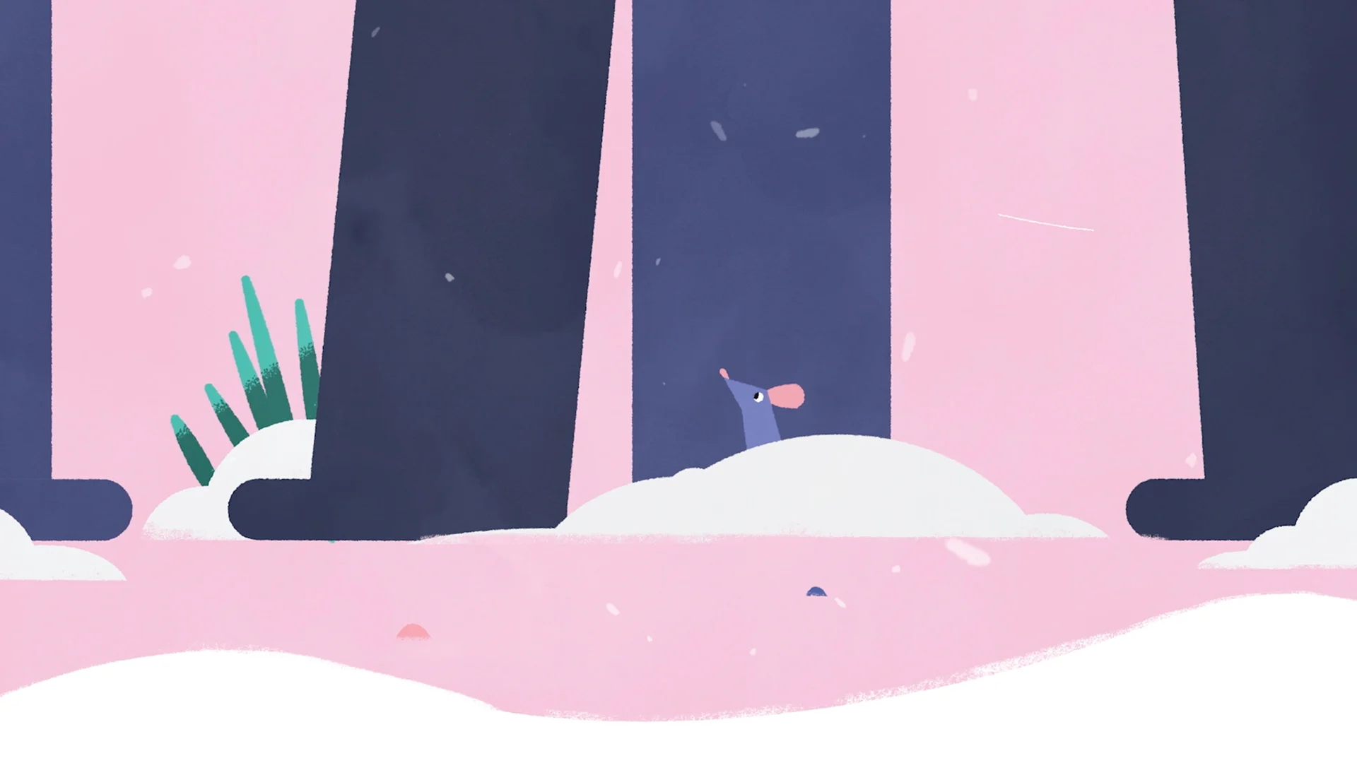 A small mouse looking up between people’s legs in the snow.