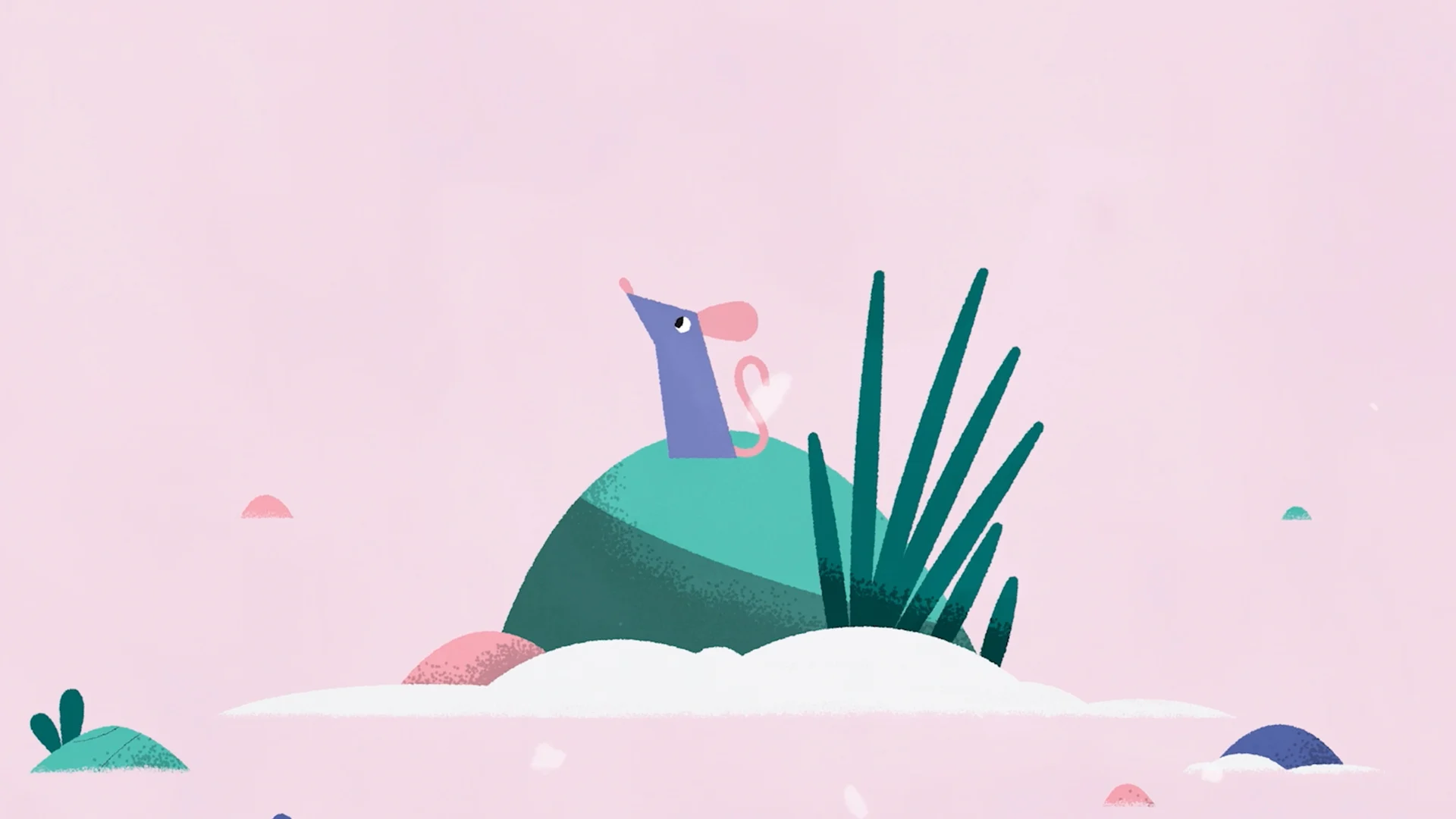 The mouse sitting on a green rock beside winter plants.
