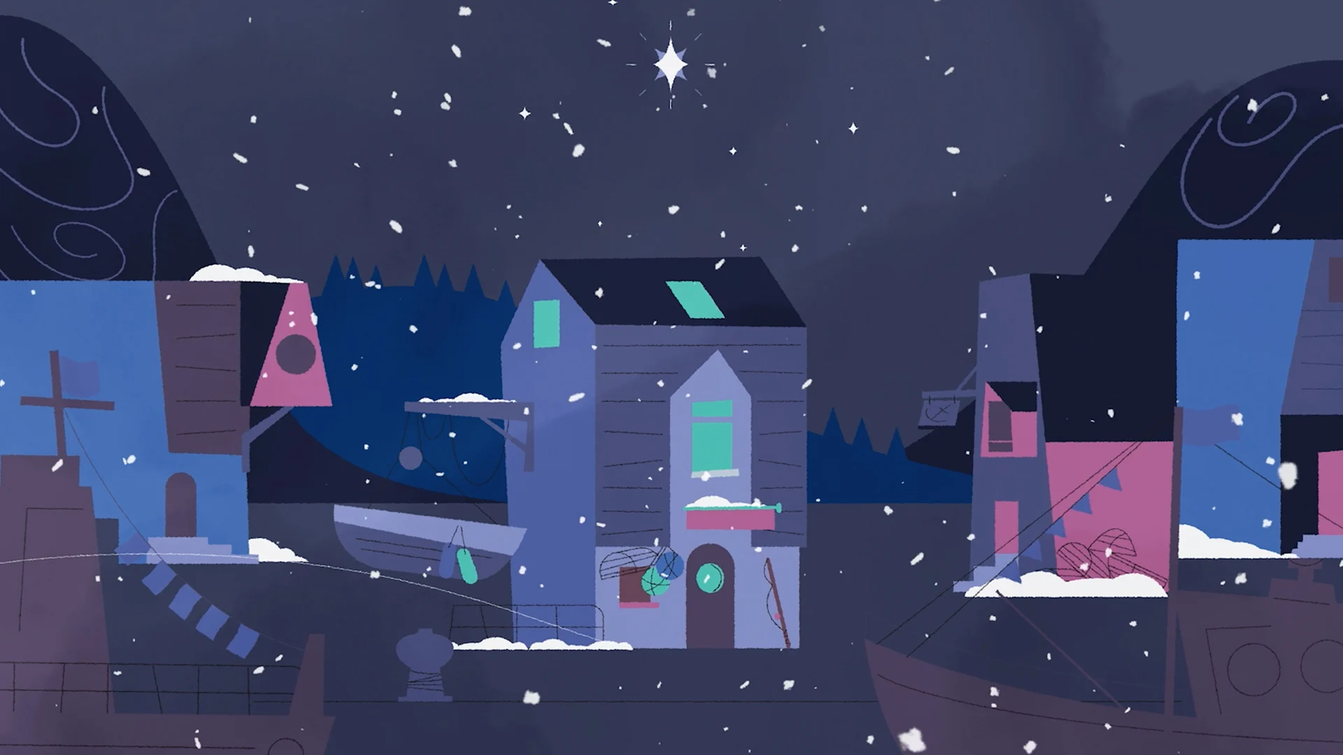 The harbour village at night beneath a bright star and falling snow.