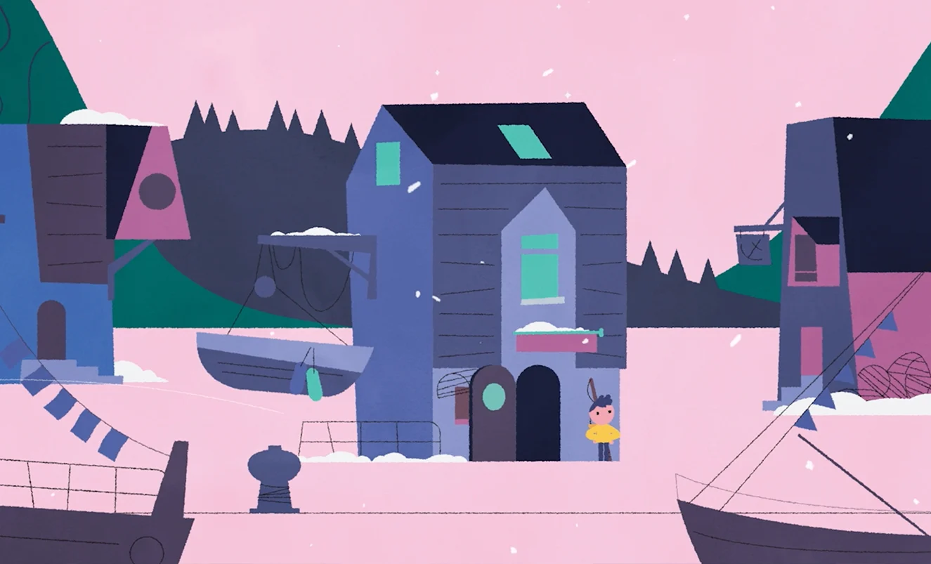 Snowy harbour village with a small figure in a yellow coat beneath a pink sky.