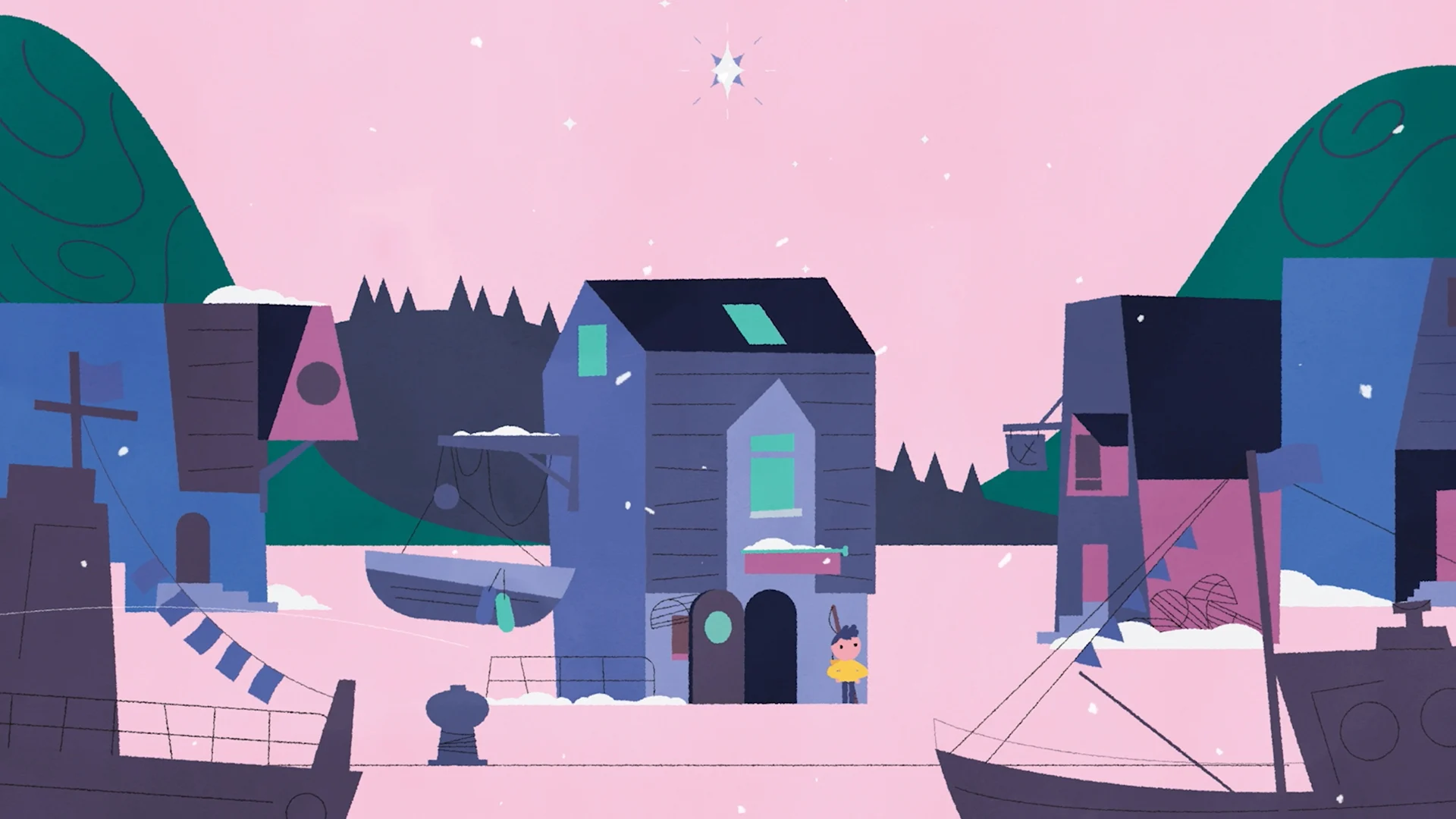 Snow falling over a harbour village beneath a pink sky.