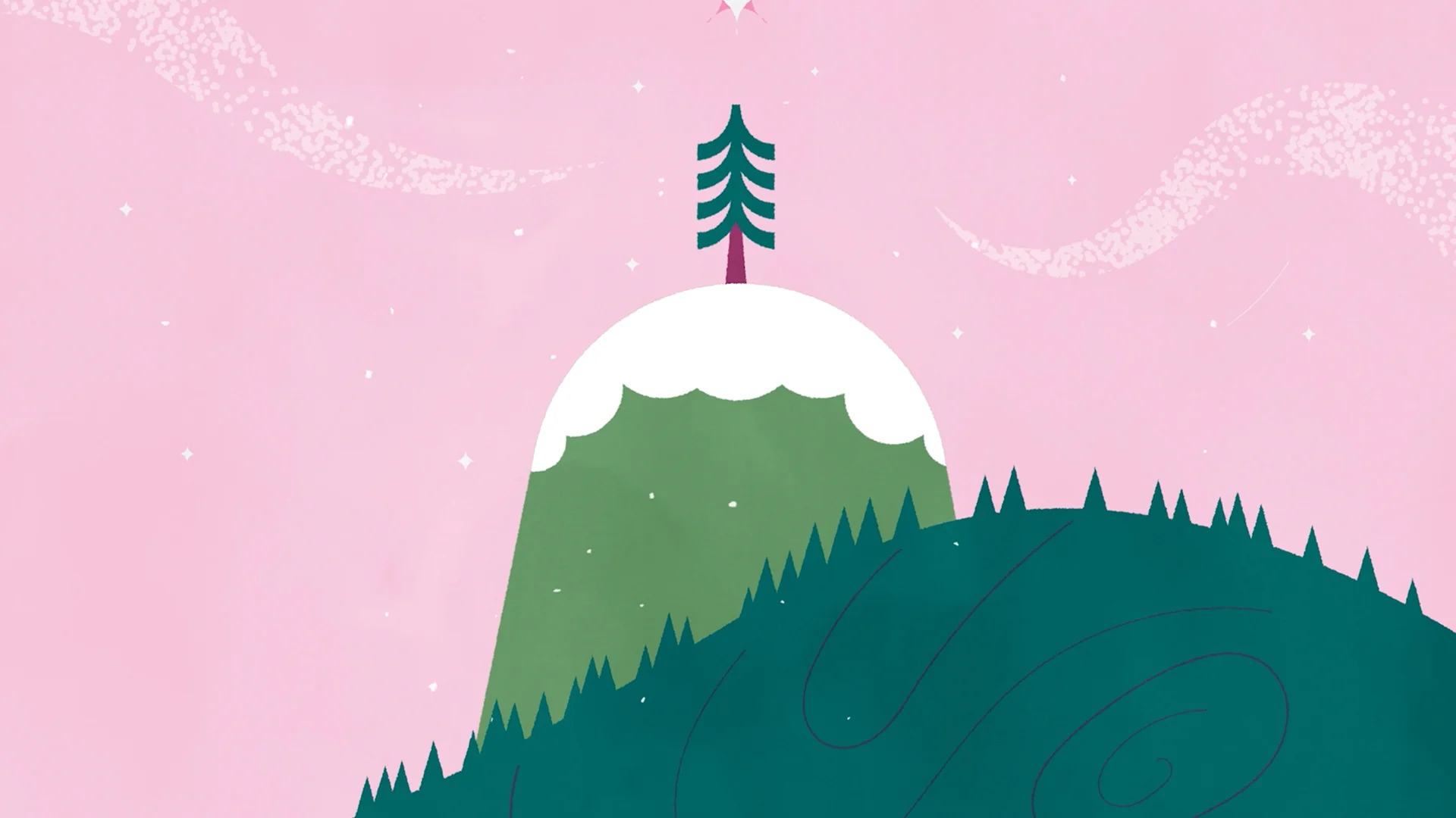 A lone tree on a snow-capped green mountain beneath a pink sky.