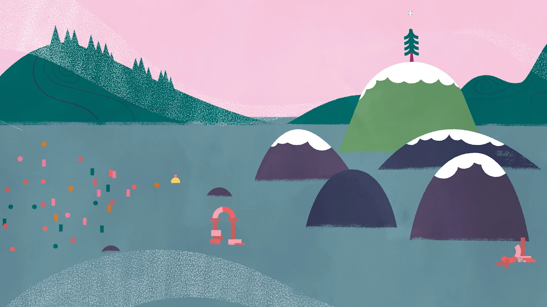 Snowy hills surrounded by small colourful shapes.