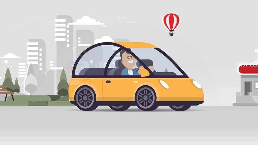 A character driving a yellow car through the city