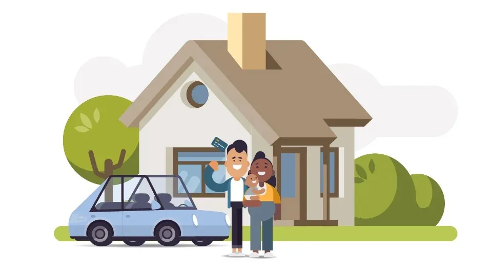 A family beside a house and car