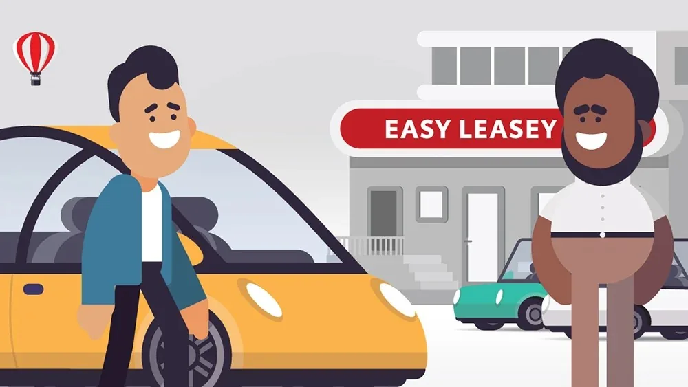 Characters beside a yellow car at a leasing dealership