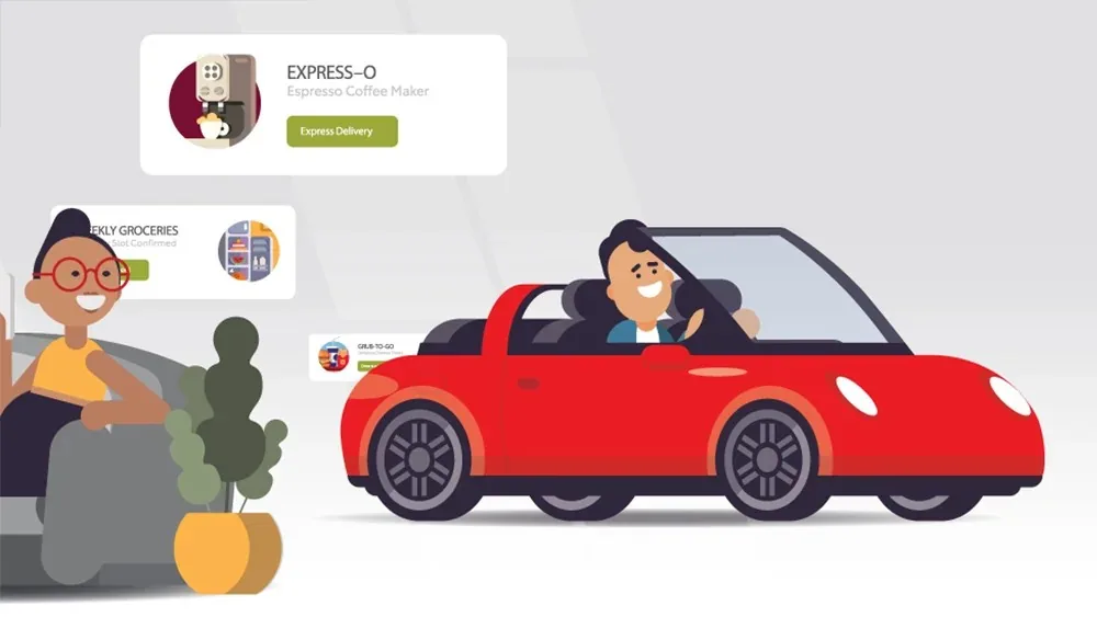 A driver in a red car beside customer review graphics
