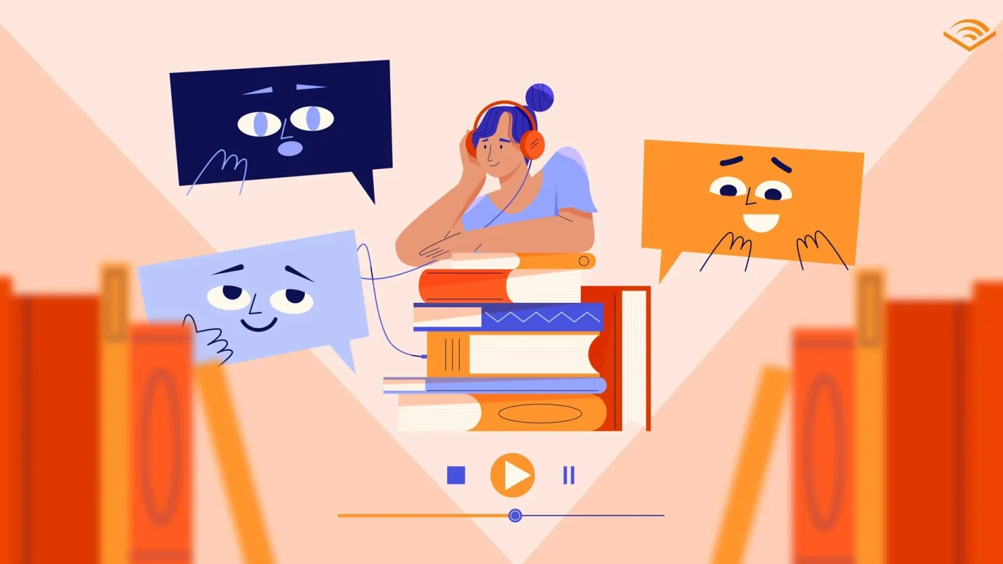 Audible listener with headphones, books and expressive speech bubbles