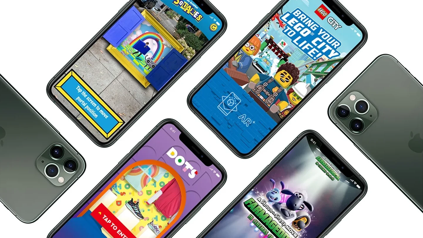 Augmented reality app experiences displayed on mobile phones, including LEGO City
