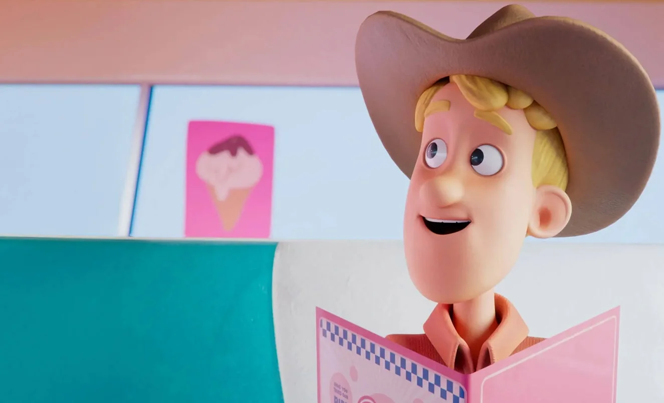 Eddie reading a pink menu in the colourful Bubblegum Diner