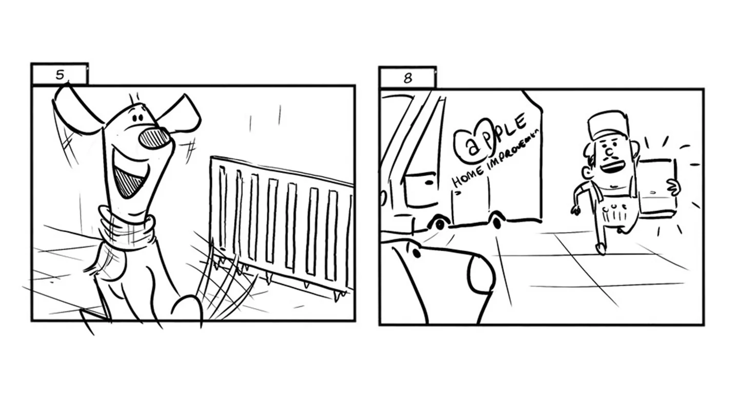 Dog and delivery driver storyboard panels for Apple Home Improvements