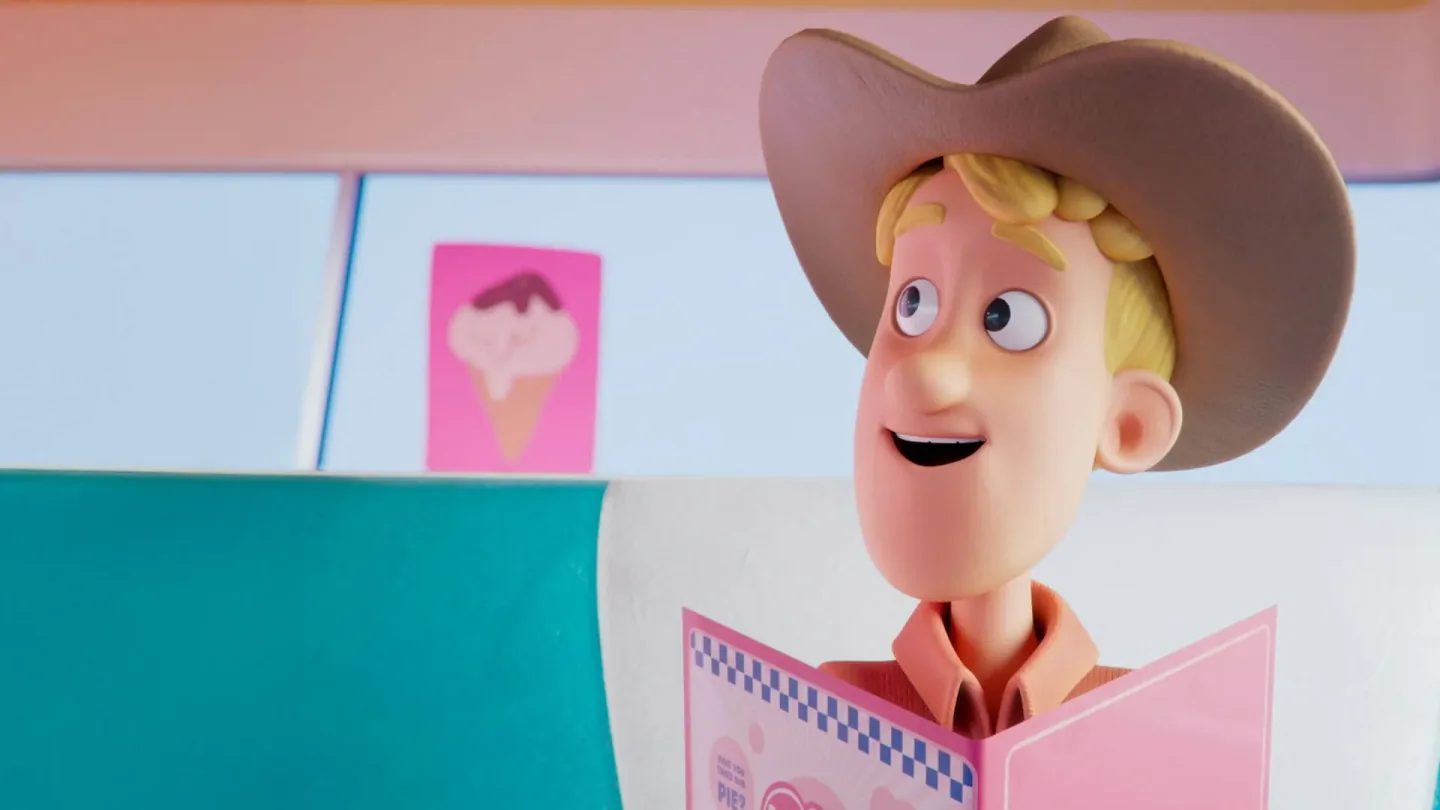 Eddie reading a pink menu in the colourful Bubblegum Diner