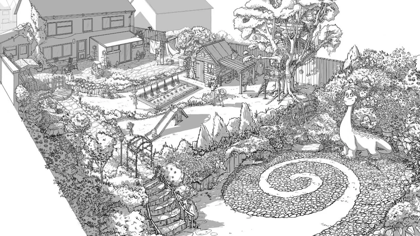 House and garden concept drawing for Boy and the Dinosaur