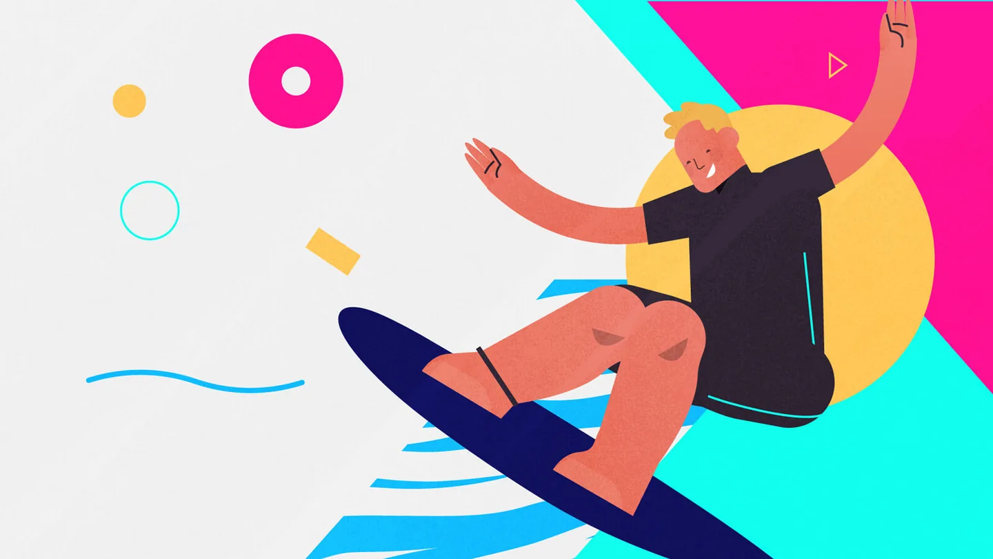 Jamie O’Brien surfing character in colourful 2D animation