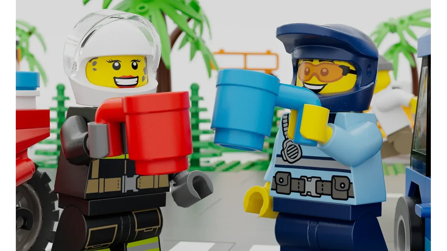 LEGO City characters holding red and blue mugs